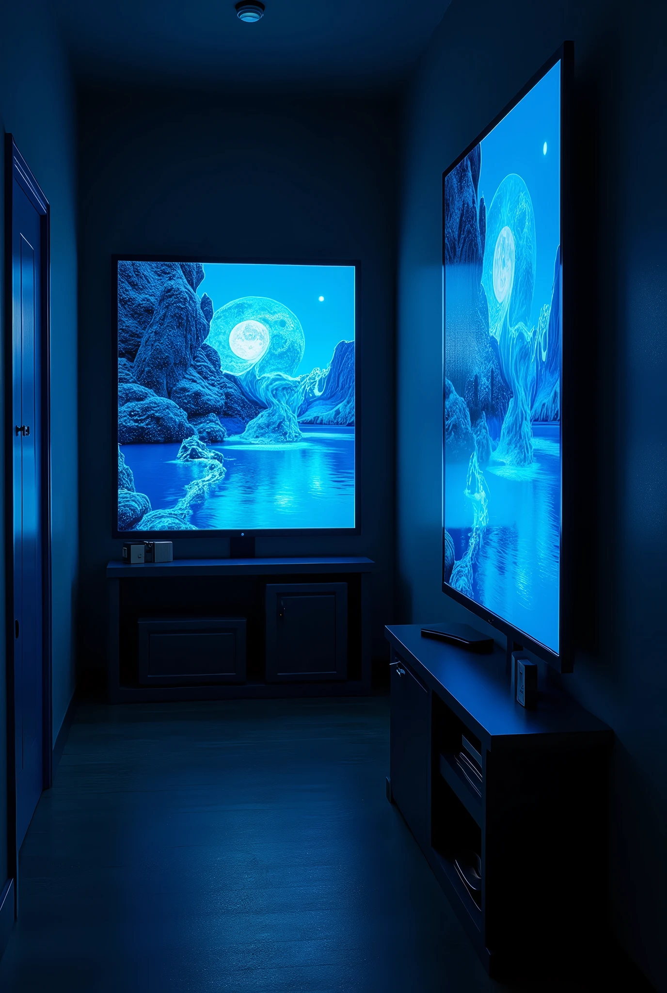 2 monitors、Monitors are placed vertically、Stylish room、Black and blue dim room、Neon color、High resolution, Highest quality, masterpiece, Widescreen, detail, 高いdetail, High-resolution model, Chiaroscuro, realism, Surrealism,
