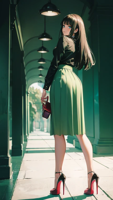 ((masterpiece, high resolution, better quality, better details)), ((Smiling)), ((one girl)) a girl standing, full body, maxi green skirt, blouse,((louboutin high heels)), green eyes , ((black hair, long hair)), shiny skin, ((from behind)), solo, full body, focus full body, high heels, in office, working secretary