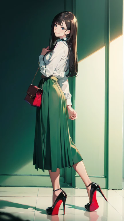 ((masterpiece, high resolution, better quality, better details)), ((Smiling)), ((one girl)) a girl standing, full body, maxi green skirt, blouse,((louboutin high heels)), green eyes , ((black hair, long hair)), shiny skin, ((from behind)), solo, full body, focus full body, high heels, in office, working secretary