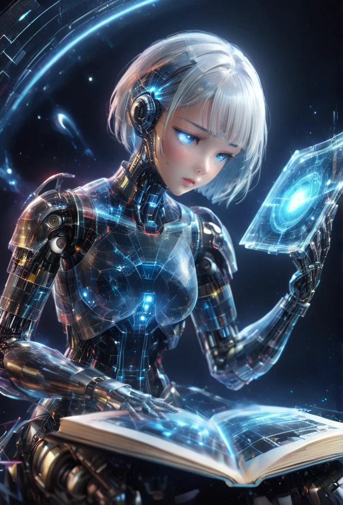 Ultra HD3DCGコンセプトアート. An android girl reads a book in a cybernetic space、The girl looks like、From the neck down, everything is made of machinery.、Beautiful white hair, short hair、Breathtakingly beautiful blue eyes, lips and skin、Android body with realistic black coloring from the neck down、Mecha is exposed everywhere、A girl reads a book that appears in space as a holographic image.、The characters you read are absorbed into space、Realistic texture of girl&#39;s hair、(Super Real Skins:1.3)、Realistic texture of the machine body and gloss of the mechanism、Realistic representation of cybernetic space、( Back shot of a girl&#39;s bust with focus on a book:1.2)、Ultra HD、(Masterpiece、Best Quality、4K、8k:1.5)、Ultra Detail、Ultra-fine painting、3D Rendering.Dramatic Lighting、Professional photo resolution、Award-winning paintings、noc-wfhlgr.holographic

