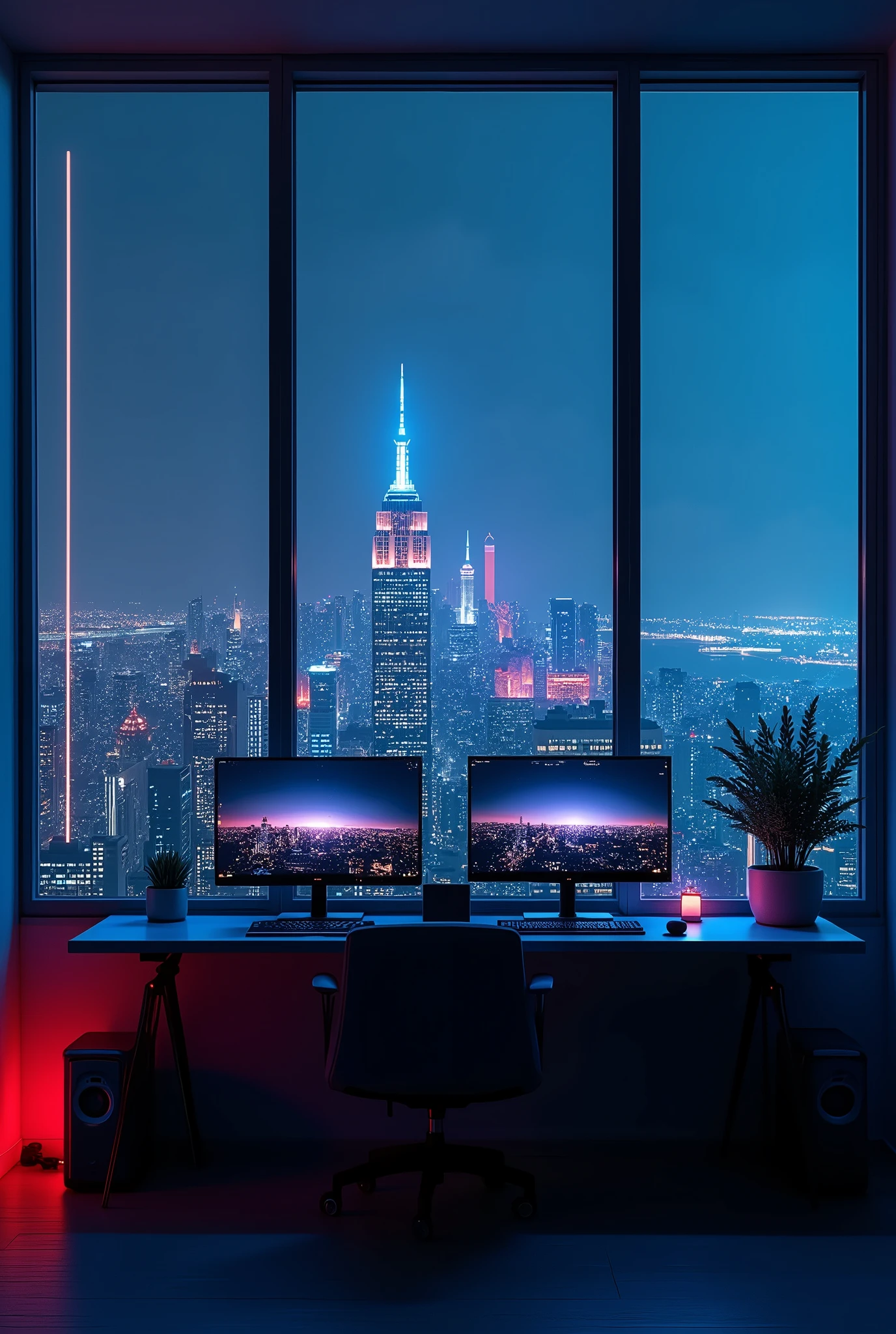 2 monitors、White Screen、Room with a night view、skyscraper、Monitors are placed vertically、Stylish room、Black and blue dim room、Neon color、High resolution, Highest quality, masterpiece, Widescreen, detail, High detail, High-resolution model, clair obscur, Realism, SurRealism,