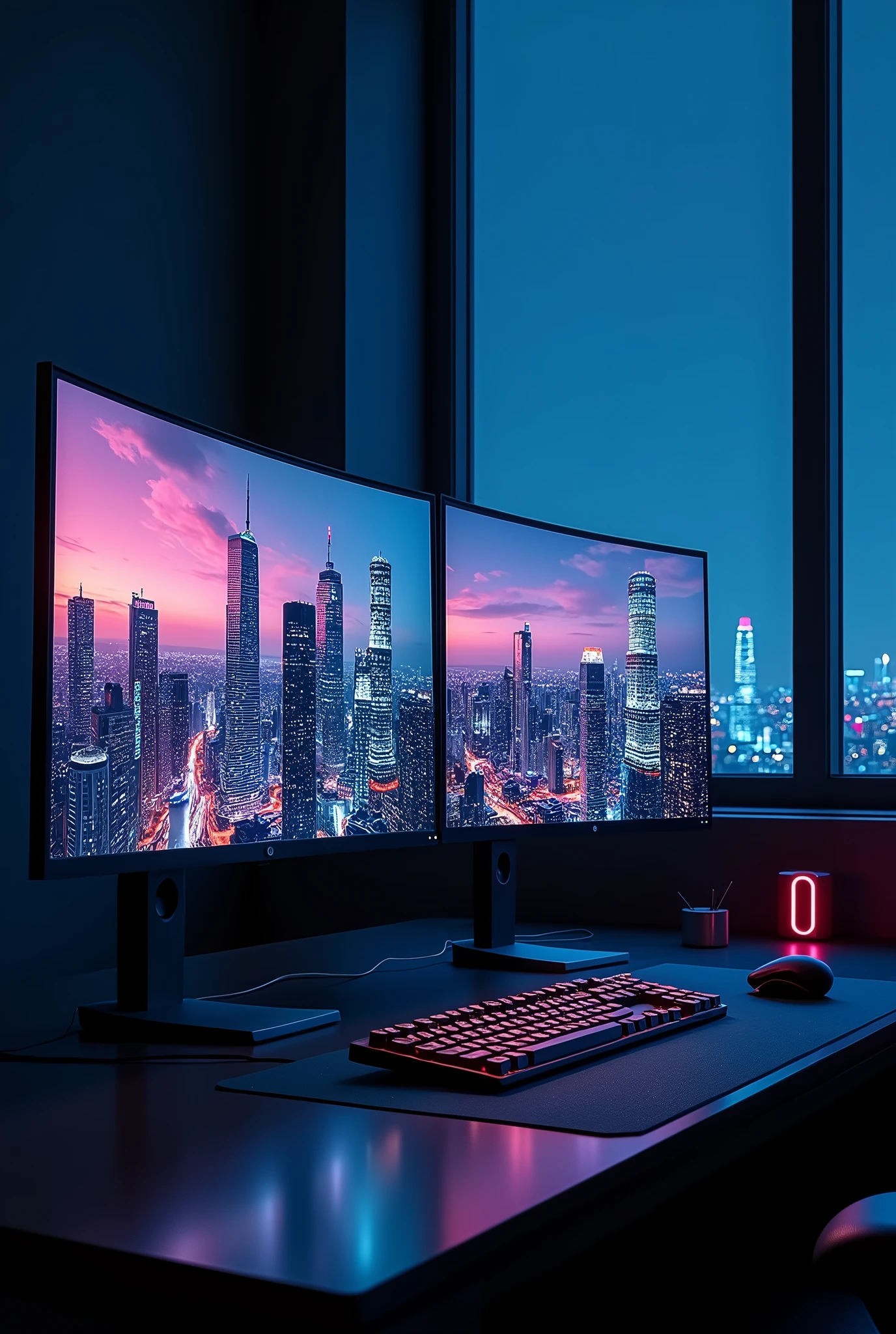 2 monitors、White Screen、Large monitor、Room with a night view、skyscraper、Monitors are placed vertically、Stylish room、Black and blue dim room、Neon color、High resolution, Highest quality, masterpiece, Widescreen, detail, High detail, High-resolution model, clair obscur, Realism, SurRealism, 