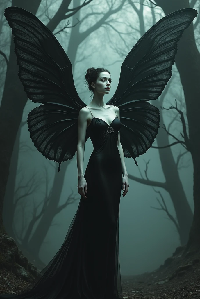Incredibly hyper-detailed and intricately realistic, ((((full body shot)))), full in screen, RPG fairy, a fairy looking straight at the screen, beautiful fairy with dark wings like silk, in a beautiful dark black dress, long black hair, black color, cinematic ambiance, cinematic lights, beautiful woman, fairy supermodel like, (supermodel in the 20s), realistic face, beautiful black eyes, realistic eyes, skinny body, fit body of a supermodel in the 20s, entire body, ((((full body in screen)))), (long skinny legs like a supermodel), fit body, (centered in the screen),