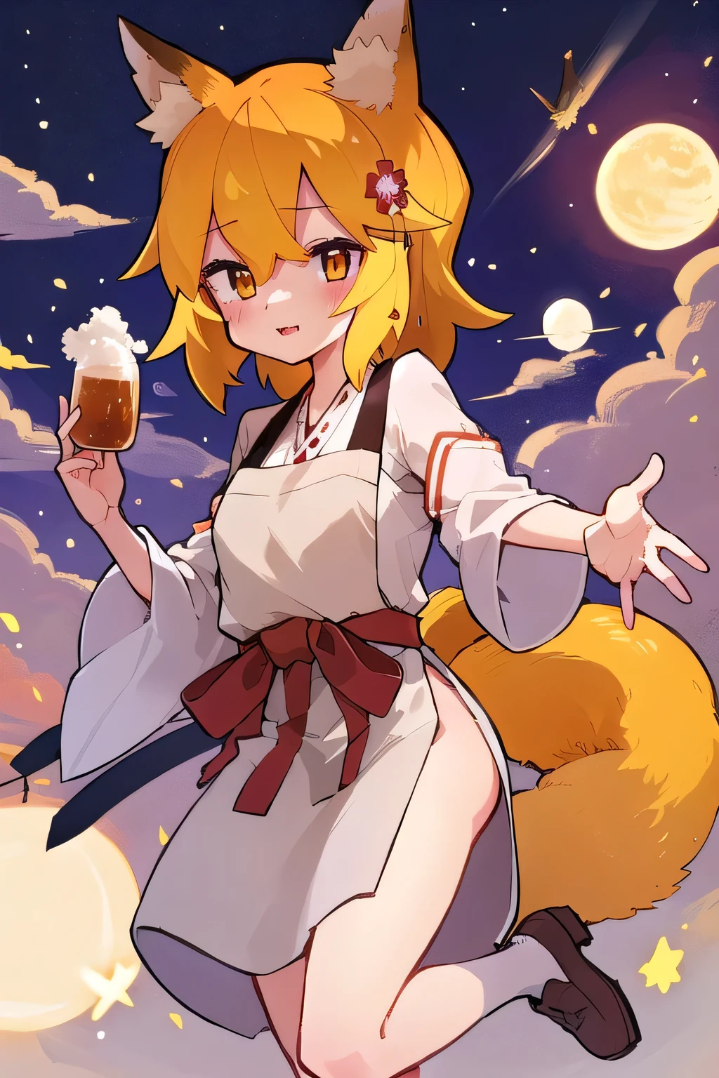 masterpiece, best quality, highly detailed, sen, animal ears, fox ears, fox girl, fox tail, hair flower, hair ornament, orange eyes, orange hair, short hair, tail, blush, looking at viewer, petite, brown shoes, girl, кимоно, японская одежда, рукава с сеткой и лентой,  сидит на скамье, на мосте через реку, красивый солнечный день, деревья сакуры, листья на мосте