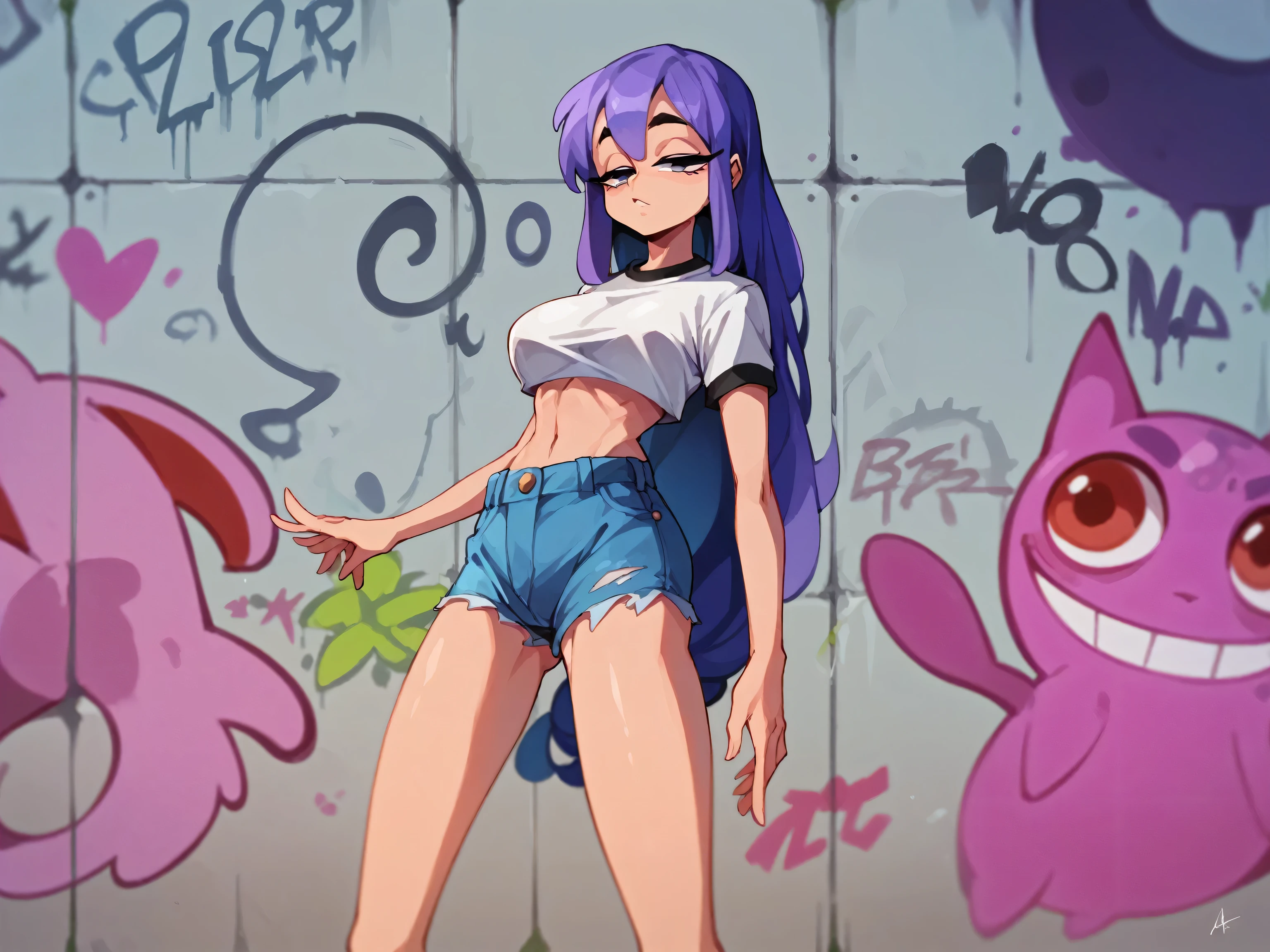 Masterpiece , Excellent quality , high resolution , 1 woman , Long Lilac Hair , White crop top , Jean Shorts , abdomen , big breasts , Long legs , hands on hips ,  Graffiti wall