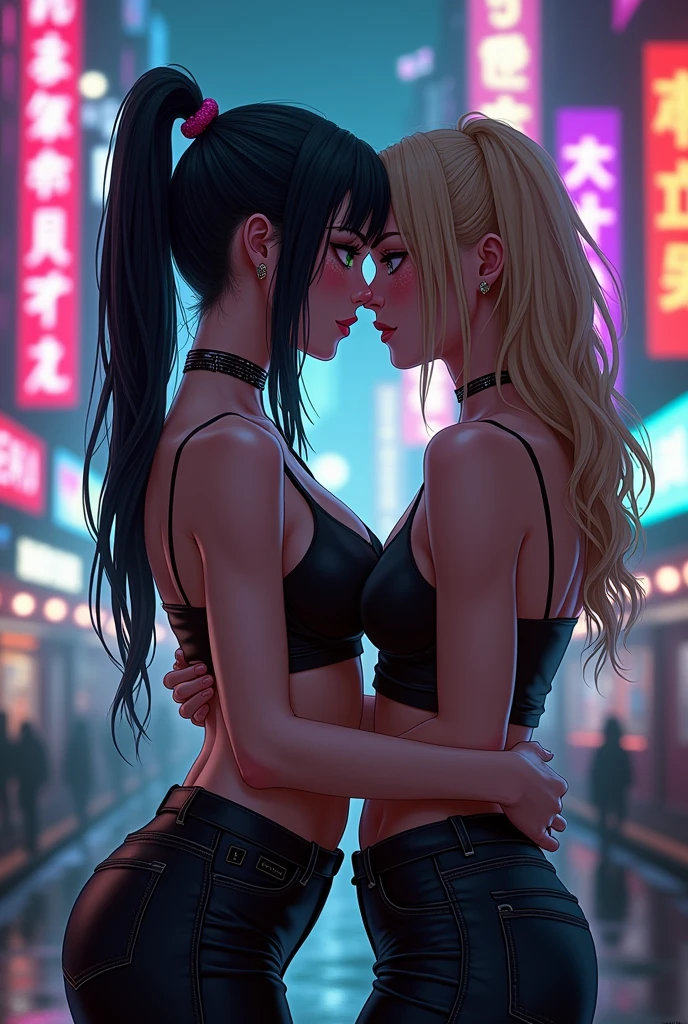 (masterpiece, Highest quality, 8K, Sharp focus, Depth of written boundary, Best Shadow, Perfect lighting, High resolution, Realistic skin texture, ultra-detailed background, detailed), Anime Style, Two women kissing (One of them has green eyes., White skin, Black hair in a ponytail, choker, Small breasts, slim, compensate, eyeliner, Sparkling), (The other woman is blonde.), At the nightclub, Cyberpunk Theme, Cyberpunk City.