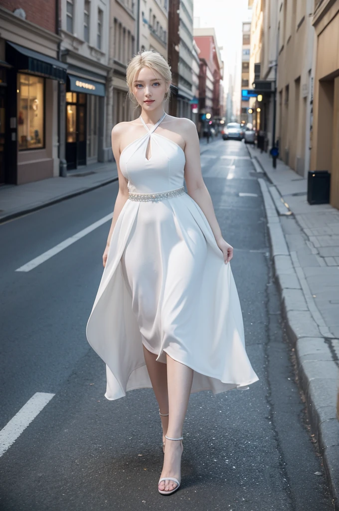 （Fashion Show Stage:1.6)、Nikon Z 85mm, ((Best Quality)) ((masutepiece)), (Blonde Shorthair:1.2)、Superfine Face、Height 170cm、90 cm from the thigh、A Japanese Lady、Wearing a snow-white mini dress and long white boots with pin heels、FULL BODYSHOT、 (Tremendously large breasts:1.2),Split abs,