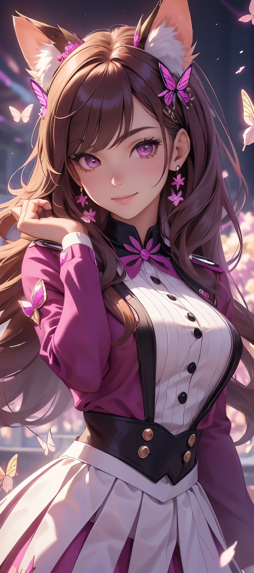 （tmasterpiece，best qualtiy：1.2），（looking at viewert），Nice face，Pink theme，cowboy lens，rays of sunshine，Powdered hair，Pink eyes，Pink jewelry，nedium breasts，on a Cherry blossom background，Hairstyle Random，Pink erotic clothes，Rabbit ears，cleavage，Pink clothes，folding fan