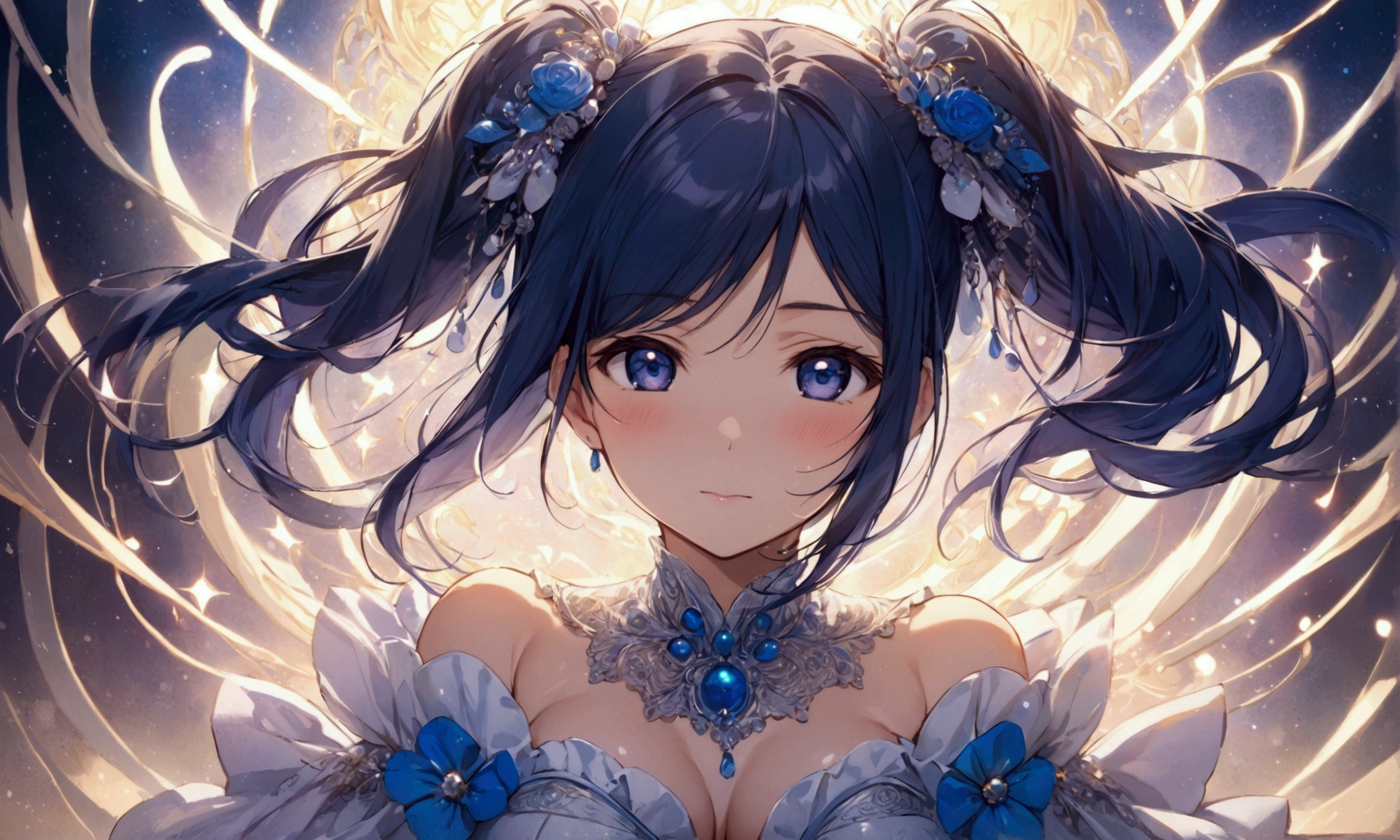 ((Masterpiece, Best quality)), A high resolution, 8K, Cinematic light, High contrast, Depth of field, Intense gloss, Detailed background, 1girll, Cute, Detailed eyes, sparkle in eyes, detailed iris, grin, Stylized, Open mouth, white backgrounid，Butterfly elements，light and shadow effect，Rabbit hairpins，