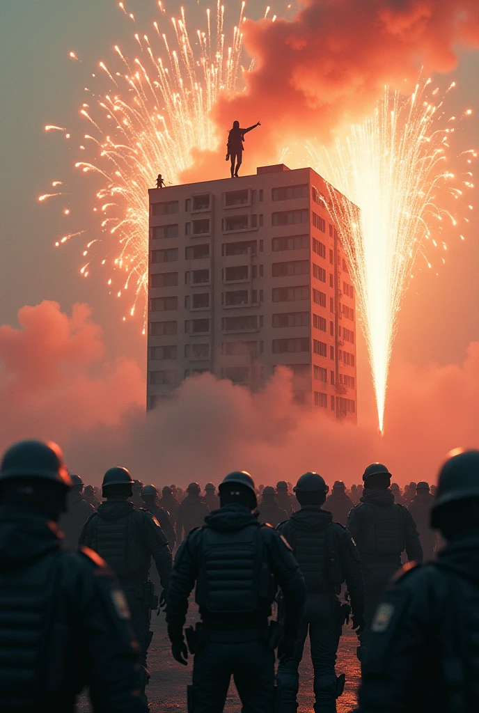 a tall, strong, 1.60m tall ultra-realistic soldier in a skull mask jumping from a burning helicopter shot down by a missile from a military jet still chasing him to kill him in New York City