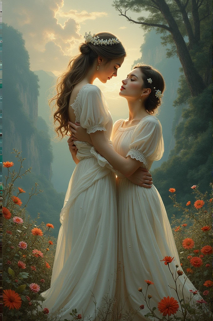 Award winner photo, masterpiece, photo of 2 beautiful woman, woman 25 years in ripped medieval cotton dress hugs a girlfriend, ((soft breasts fall out of a torn clothes)), undressing each other, smiling, sexy body, naked belly, heavenly sky, half body, ((divine light)), ethereal, clouds, back lighting, realistic portrait, symmetrical, strong, intricate drawing, highly detailed, digital painting, art station, concept art, fluid, sharp focus, 8k resolution, fujofilm, film grain, against heaven's gate, cinematic lighting, works by artgerm and greg rutkowski and alphonse mucha