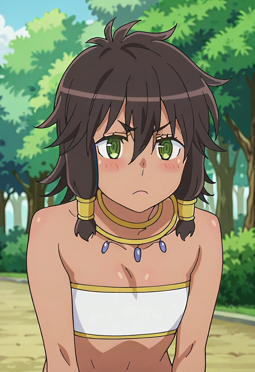 score_9, score_8_up, score_7_up, source anime,prefect lighting, very aesthetic, anime screencap, anime coloring, dungeon ni deai wo motomeru no wa machigatteiru darou ka,tiona, dark-skinned female, green eyes, (naked:1.2), flat chest, nipples, upper body, chest focus, brown hair,