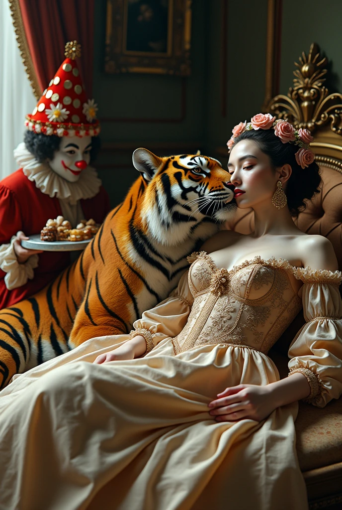 Baroque room, Beautiful woman in baroque clothes on a bed and a tiger licks her bloody body. Fruits in bed, open window and landscape