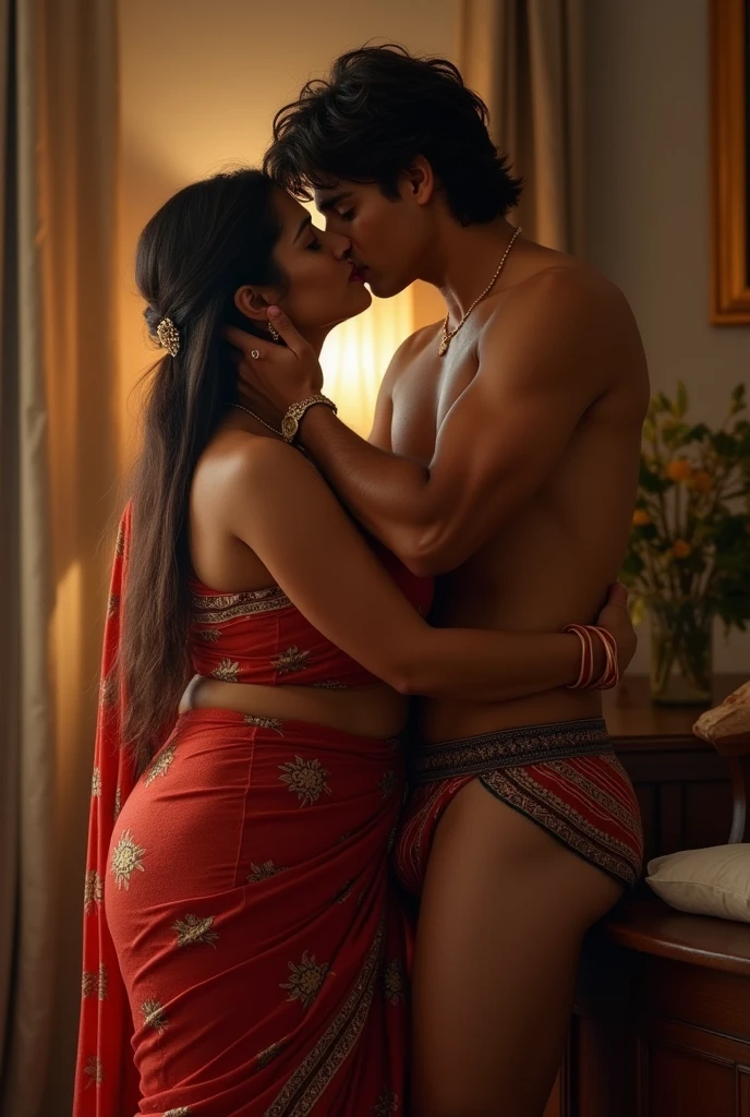 A boy and a girl are making love naked in each other's arms in a red coloured saree. The girl's body is very attractive, her buttocks are quite big and round in shape, her waist is thin and delicate.