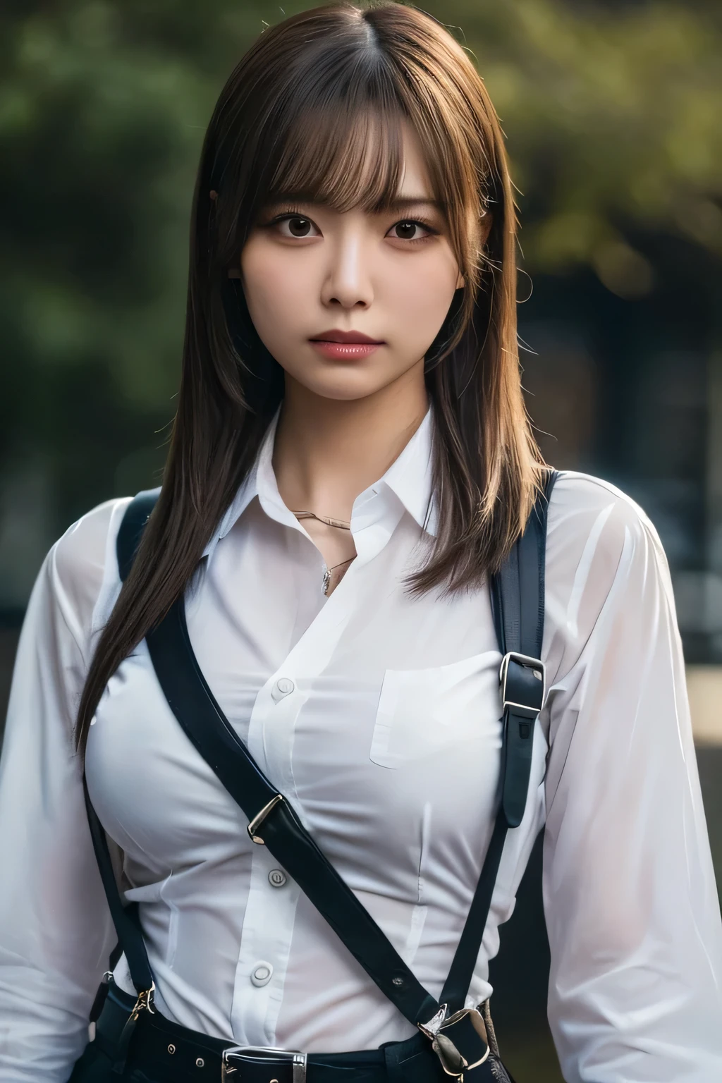 a woman in a suit, belt, hands behind back, sweating, suspenders, black pants, sexly, large breasts, see-through clothing, rain, detective, office worker, white button-up shirt, (best quality,4K,8k,highres,masterpiece:1.2),ultra-detailed,(realistic,photorealistic,photo-realistic:1.37),hyper-detailed,highly detailed face and body, Slender　thin　suspenders　Moderate breasts　See-through shirt　Nipples　holster　chain　Pistol　Armament　criminal　Female criminal　knife　japanese　profile　Japanese women　arrested handcuff　belt
