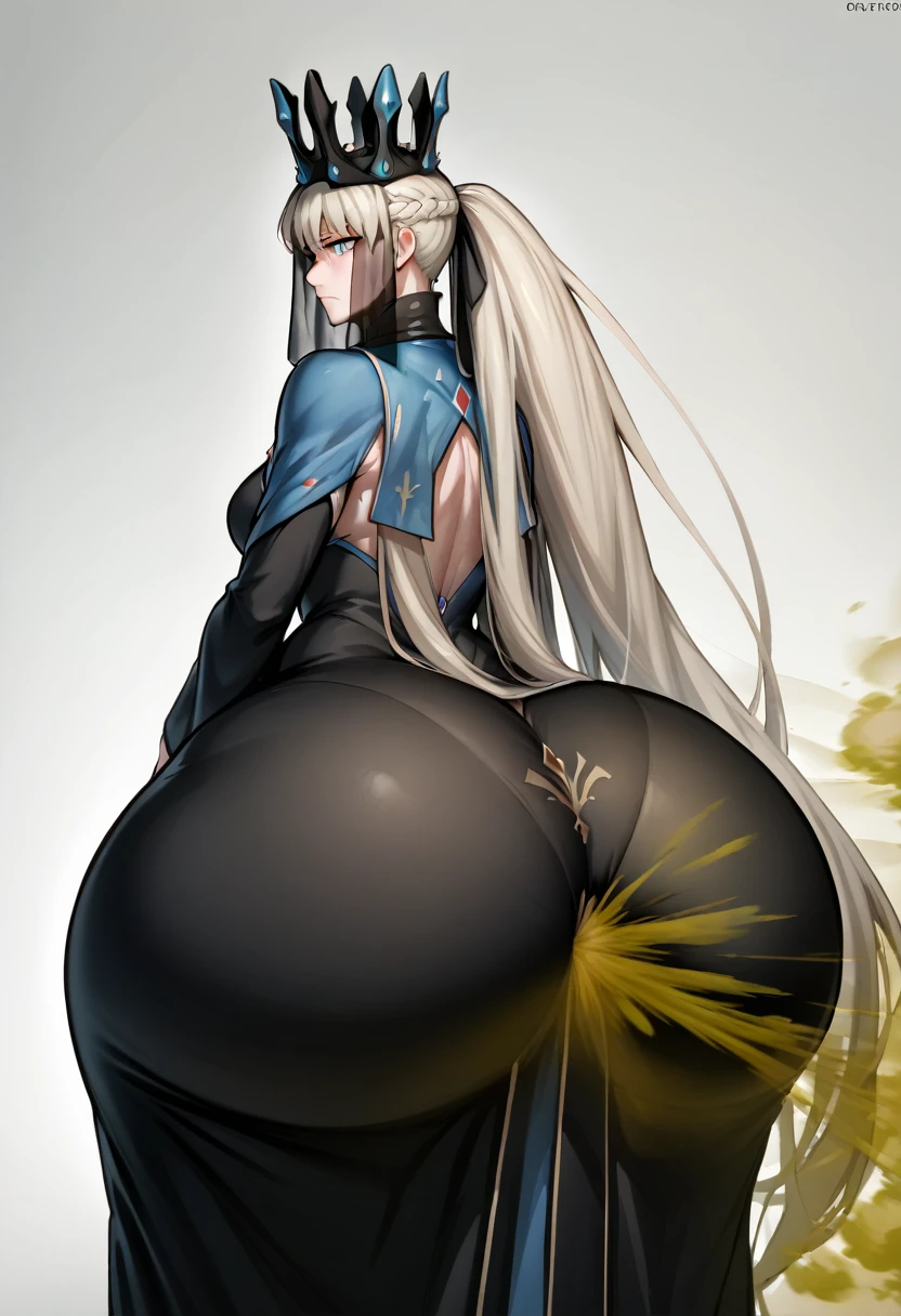 Highest quality, masterpiece, High Resolution, 1 girl, long hair, grey hair, blue eyes, very long hair, ponytail, Split ponytail, french braid, Crown, veil, spiked collar, black dress, Ass, hyper Ass, huge Ass, big ass, wide hip, gigantic ass, fart, farting, yellow_smoke, yellow_gas, sprays,