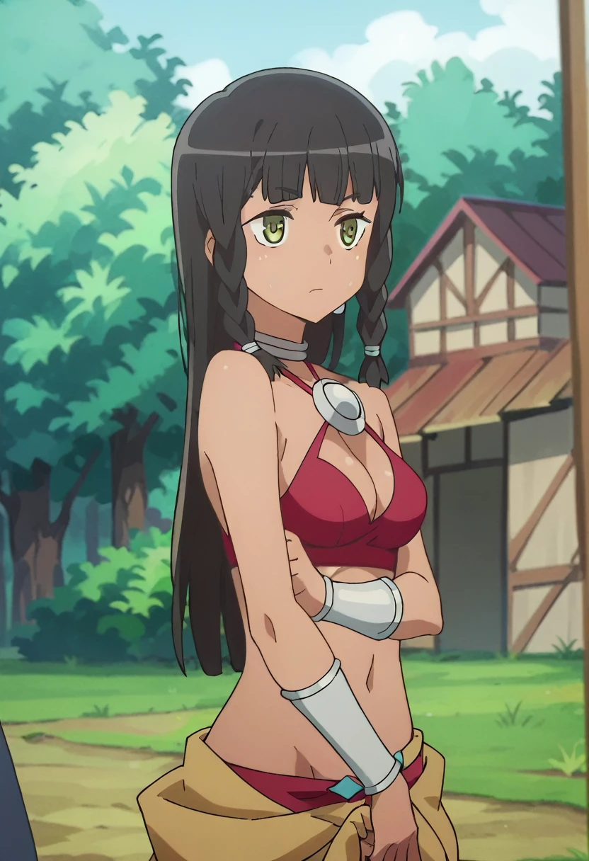 succubus tail, demon tail, GIRL, (Masterpiece: 1.1), (Best Quality: 1.1), Upper Body Bikini, (White Bikini: 1.1), (Plaid Skirt: 1.1), High Waist Skirt, Blake [Green Grass: Pink, :0.5] Themed, Denim Lenses, Blake Silver, Long, Green Eye, closed mouth, solo, cowboy shot, night sky, forest, arms behind head, contrapposto, shy smile, spread armpits, shy smile, high quality, 