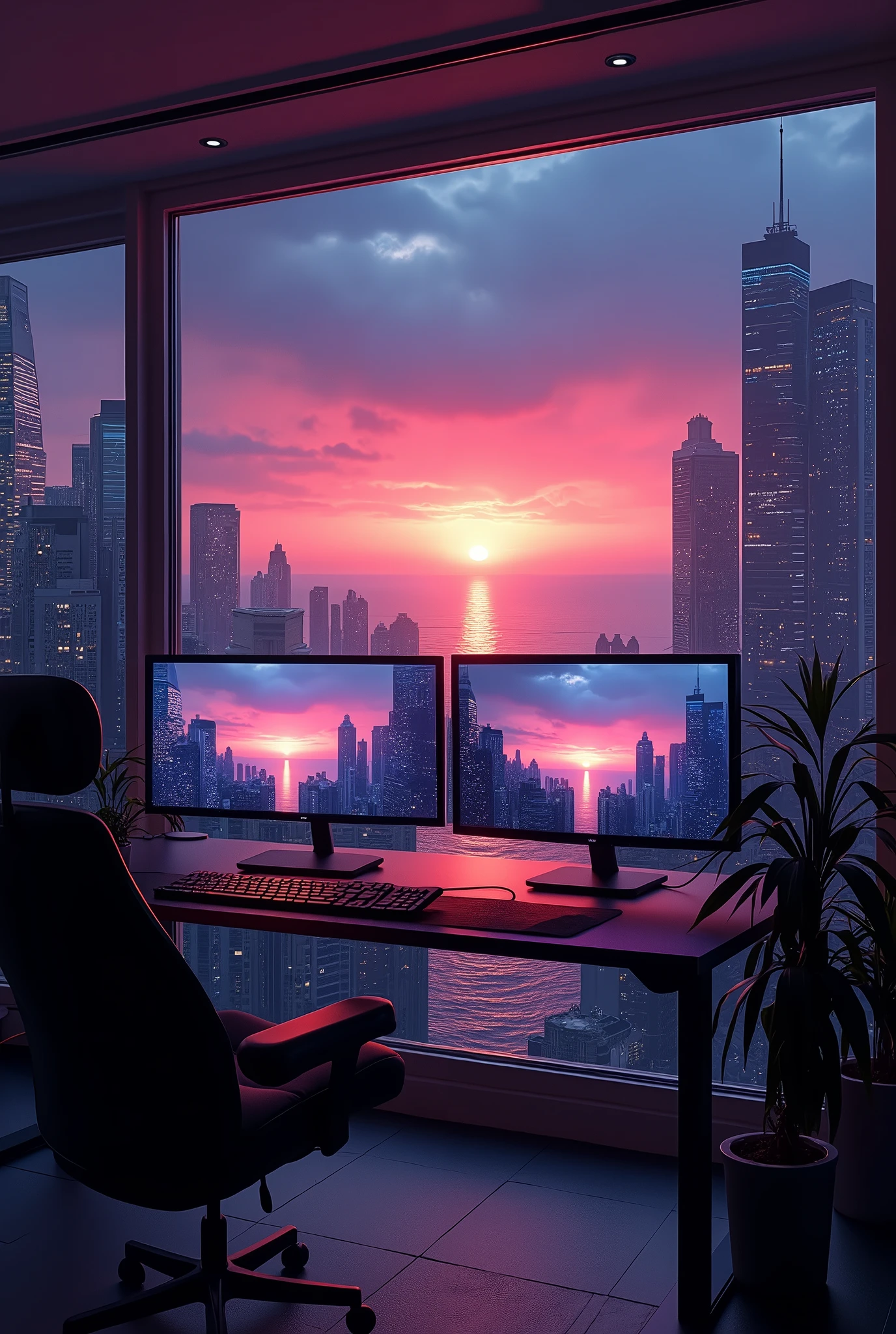 2 monitors、Sunset and sea view、White Screen、Large monitor、Room with a night view、skyscraper、Monitors are placed vertically、Stylish room、Black and blue dim room、Neon color、High resolution, Highest quality, masterpiece, Widescreen, detail, High detail, High-resolution model, clair obscur, Realism, Surrealism, 