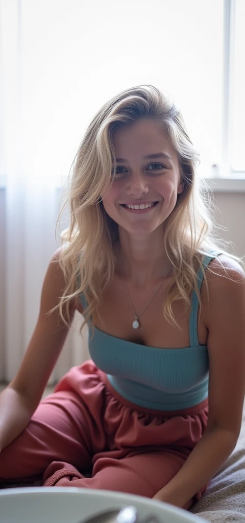 realistic photo of a -yeld gi beautiful face, cute appearance, blue eyes, long wavy blonde hair with bangs, freckles, in an off-shoulder dress,  relaxed expression, brimming with emotion, interplay of contrast along with detailed light and shadow, depth of field, dark atmosphere with candlelight scenario, with long legs wearing sexy fishnet underwear, arms up, full body, long legs, Upturned and beautiful nose, Thick lips, seductive smile, squatting, showing armpit, arms up and showing armpit