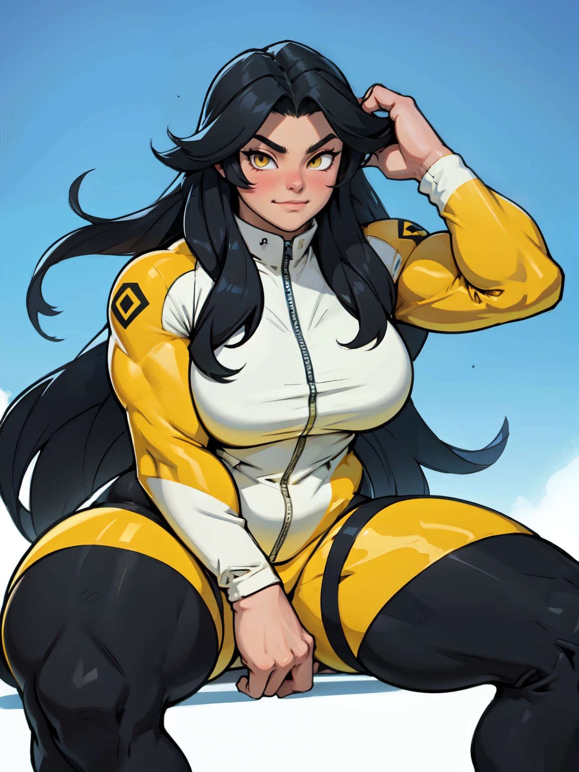 best quality (((((girl muscular thick thighs))))) (full bodysuit cowboy-shot from side from above) pale skin black hair yellow eyes very long hair angry