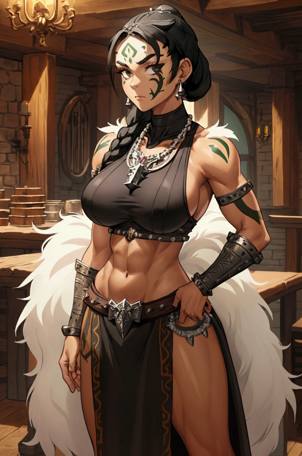 1 woman, shewoworc, olive green skin, (perfect face), (long black braided ponytail:1.2), (green skin), (perfect anatomy), (athletic body), (sexy), exposed midriff, muscolare abs, MassiveBoobs, muscolar thighs, wide thighs, big ass, bare feet,(white tribal face paint;1.2), (intricate black tribal heavy-plated rugged breastplate, white fur lining:1.2), (intricate silver arm bracers studded with gems), (intricate ancient tribal bone necklace), (standing, hand on waist, flexing biceps), (looking at viewer), (medium shot photograph), (medieval fantasy tavern interior background:1.2), realistic