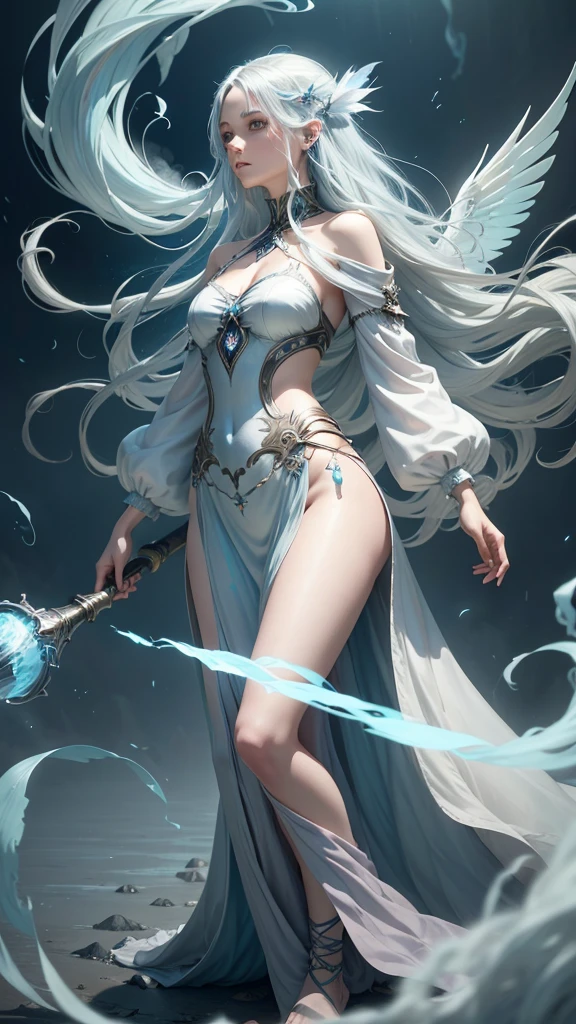 white haired female battlemage with hourglass figure and magical staff in bikini, magical tome floating above hand