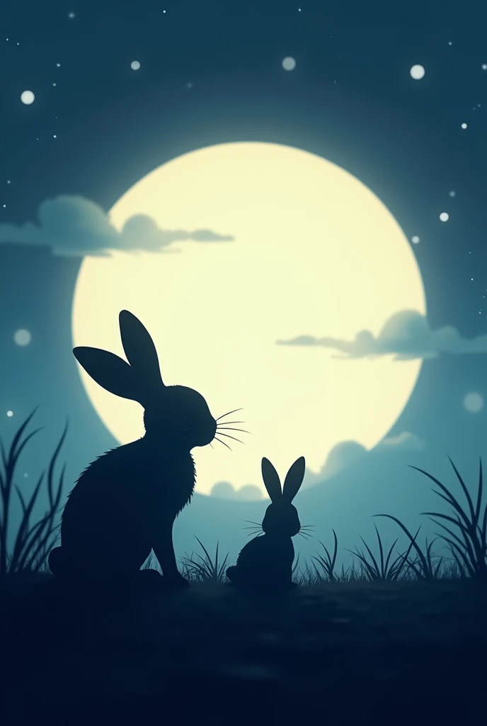 bonfire　beautiful starry sky at night　black Rabbit and white Rabbit2 good friends　In a beautiful forest　ghibli style　Picture book style