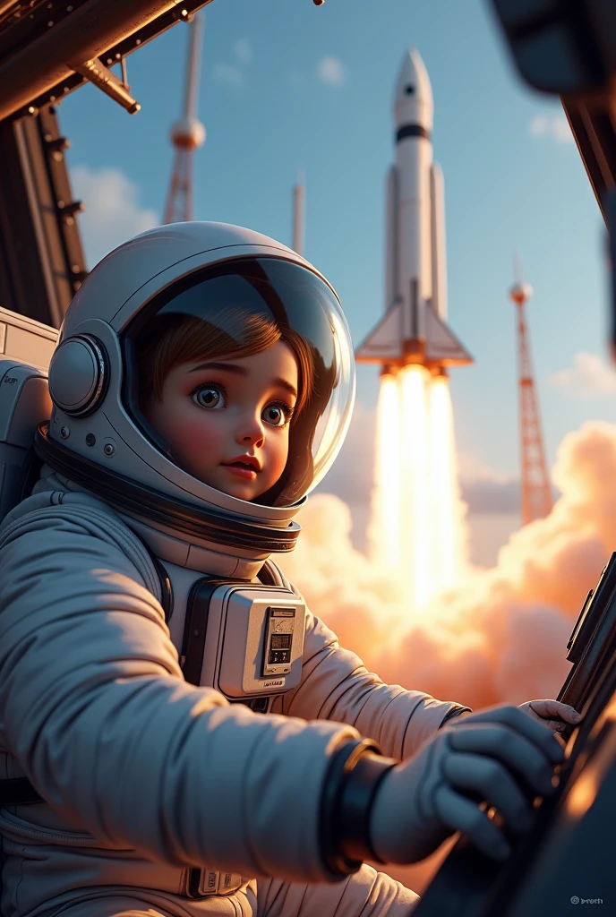 Little girl astronaut travels through the universe in a spaceship, Disney style, super real, game texture, OC rendering, 8k