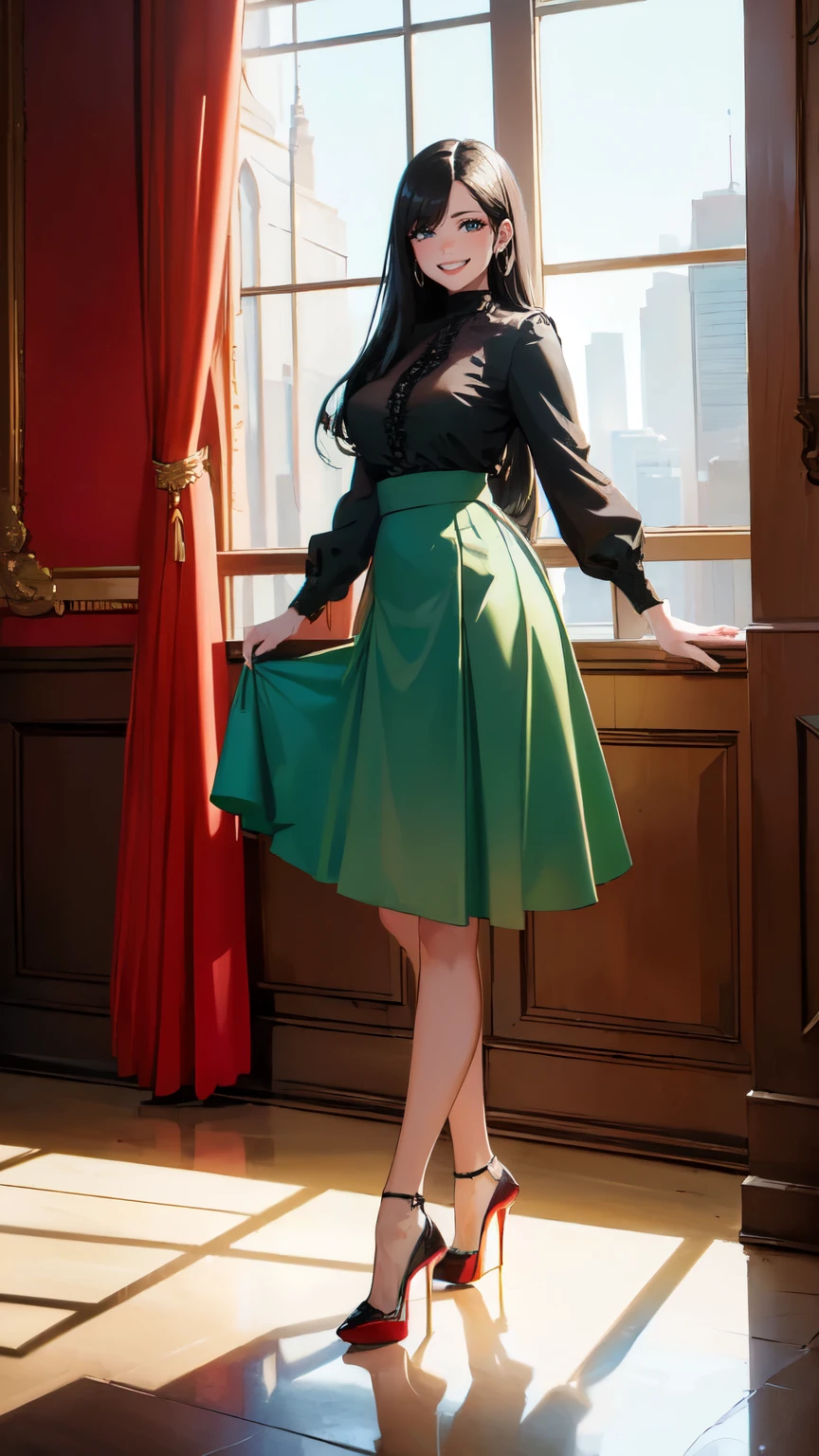 ((masterpiece, high resolution, better quality, better details)), ((Smiling)), ((one girl)) a girl standing, full body, maxi green skirt, blouse,((louboutin high heels)), green eyes , ((black hair, long hair)), shiny skin, ((behind view)), solo, full body, focus full body, high heels, in office, working secretary