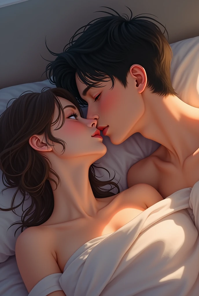 Cute and sexyDカップの幼なじみとCompletely nakedSEXをしているイラスト。She looks like she's about to cum in the cowgirl position。She has short black hair and is a neat and clean type.、A penis is inserted into a pussy。Sweating in bed、Looks very comfortable。Completely naked。