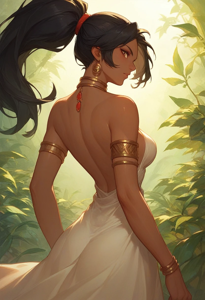 score_9, score_8_up, score_8, score_7_up, volumetric lighting, jasmine in red, solo, black hair, dress, ponytail, dark-skinned female, armlet, 