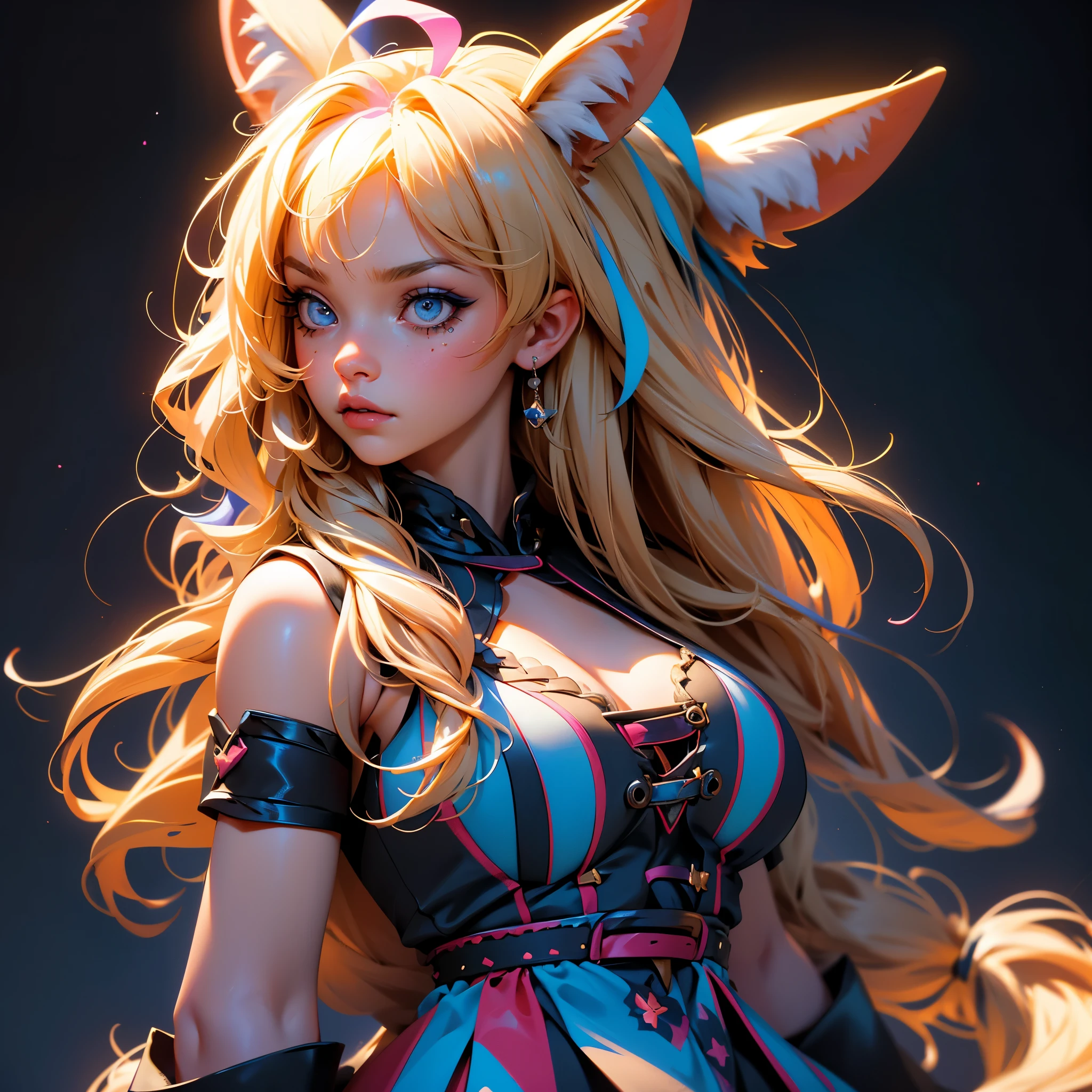 envision a 8k, highres, cinematic, beautiful extreme close up portrait of a mature woman with big breasts with crazy blonde hair, long bangs, multicolored hair, animal ears, blue eyes, clown make up, Riot Gear, Sleeveless dress, animal tail, (((1girl))), in dark lighting, against a dark gray background