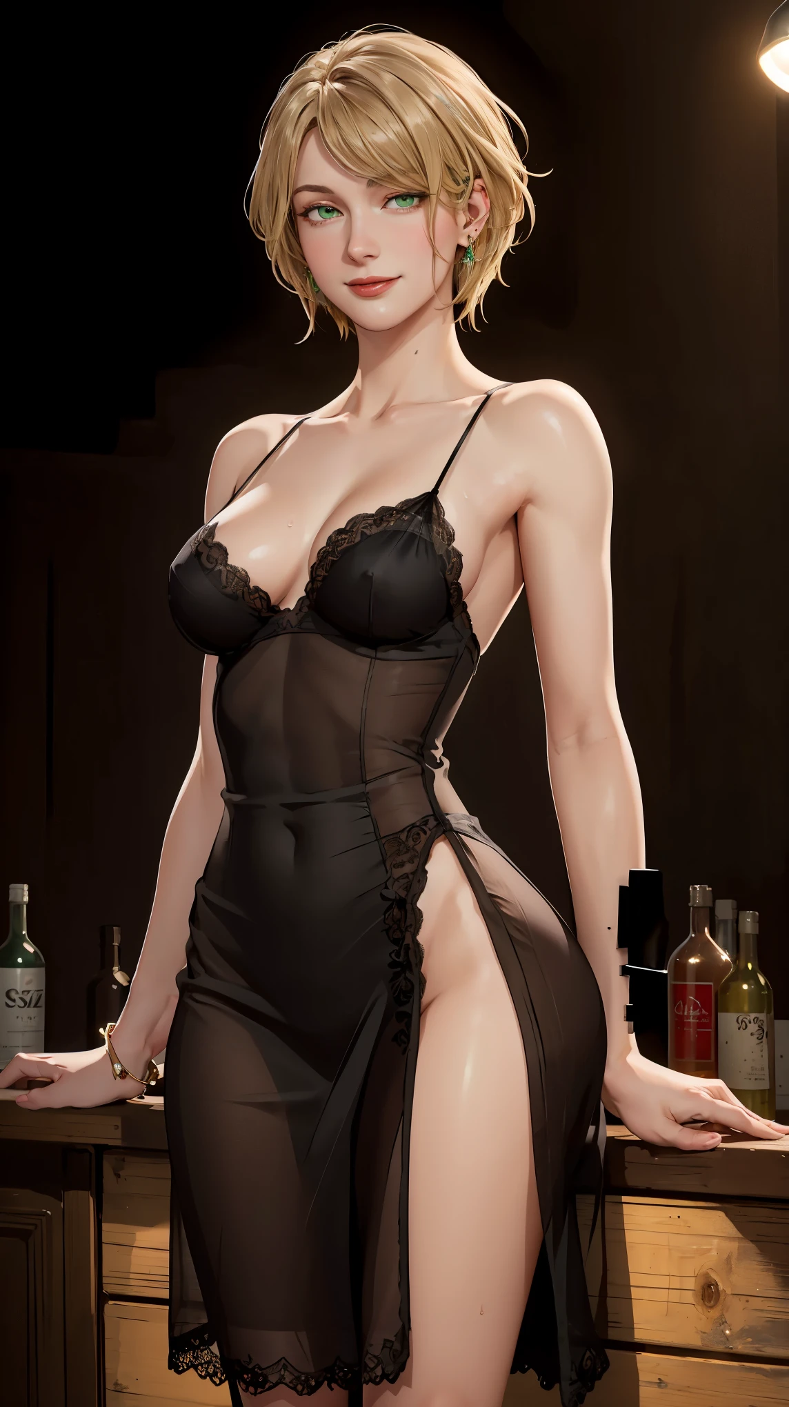 ((((masterpiece, best quality, high resolution)))), Extremely detailed 8K, Beautiful girl with voluptuous body, (Ultra HD, Ultra-detailed, Highly detailed, Highly realistic, Ultra-realistic, photograph realistic), (1girl:1.5), (Realistic blonde hair), (short silky hair, hair ornaments, earrings), (dynamic poses), facing at camera, looking at viewer, (blushing red, embarrassed, exhausted, smile), (green eyes, sharp eyes), (medium perky breasts:1.3), (wide hips:1.2), (beautiful detailed face, beautiful detailed eyes), ((black silk slip dress)), (detail pussy), (standing up), sweat, glow, (nightlight), ((cowboy shot)), jazz bar, seductive, (toned muscle)