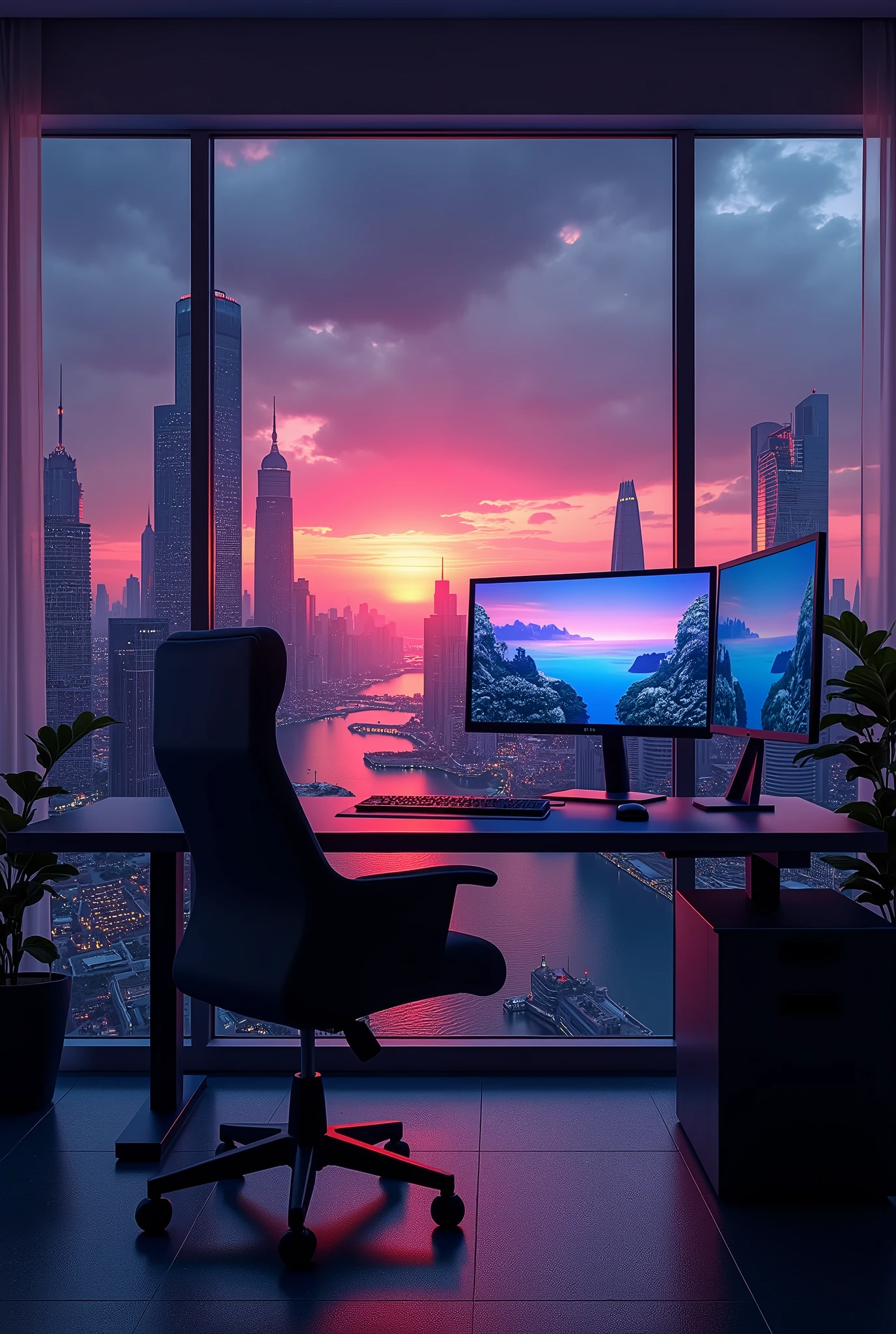 2 monitors、Sunset and sea view、White Screen、Large monitor、Room with a night view、skyscraper、Monitors are placed vertically、Stylish room、Black and blue dim room、Neon color、High resolution, Highest quality, masterpiece, Widescreen, detail, High detail, High-resolution model, clair obscur, Realism, Surrealism, 