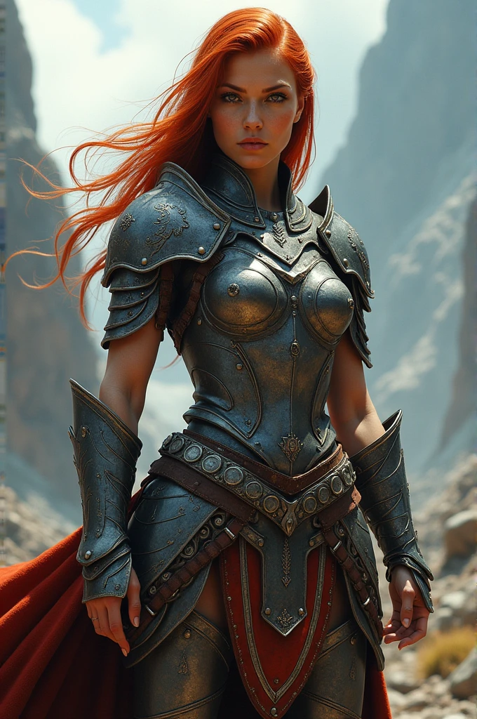 a woman in armor poses in a desert area, redhead queen in heavy red armor, fantasy paladin woman, female redhead templar, beautiful female knight, lady in red armor, alexandra fomina artstation, epic fantasy character art, concept art | artgerm, craig mullins and artgerm, artgerm craig mullins, portrait knight female