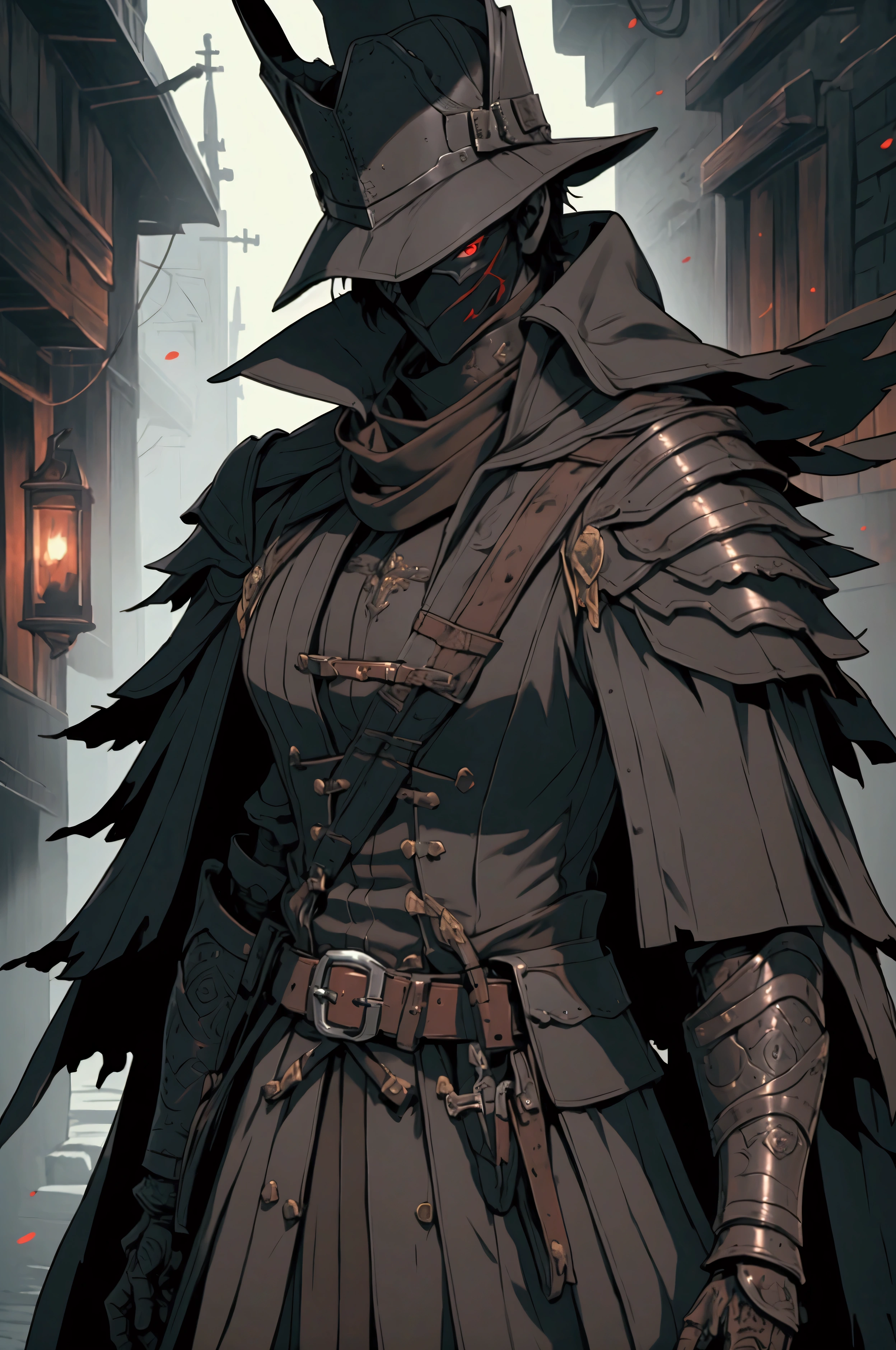 solo, red_eyes, hat, 1boy, holding, jewelry, standing, weapon, male_focus, sword, pants, coat, torn_clothes, fur_trim, black_headwear, mask, capelet, glowing, moon, black_pants, fire, gauntlets, gem, glowing_eyes, black_coat, top_hat