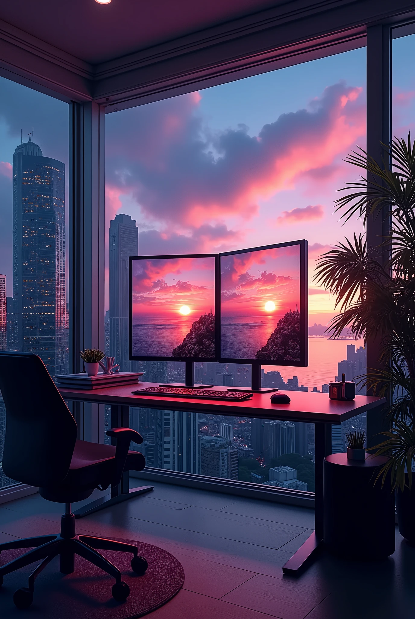 2 monitors、Sunset and sea view、White Screen、Large monitor、Room with a night view、skyscraper、Monitors are placed vertically、Stylish room、Black and blue dim room、Neon color、High resolution, Highest quality, masterpiece, Widescreen, detail, High detail, High-resolution model, clair obscur, Realism, Surrealism,