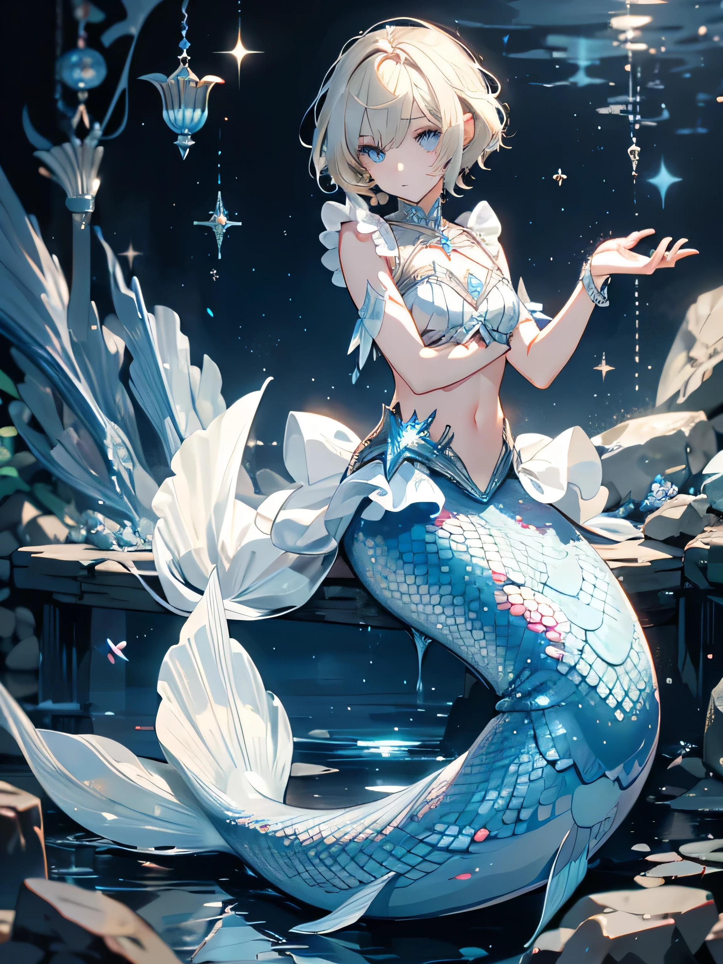 1 Boy, Short hairstyle, blond, silver eyes, Fish scales on hands, Mermaid, high quality