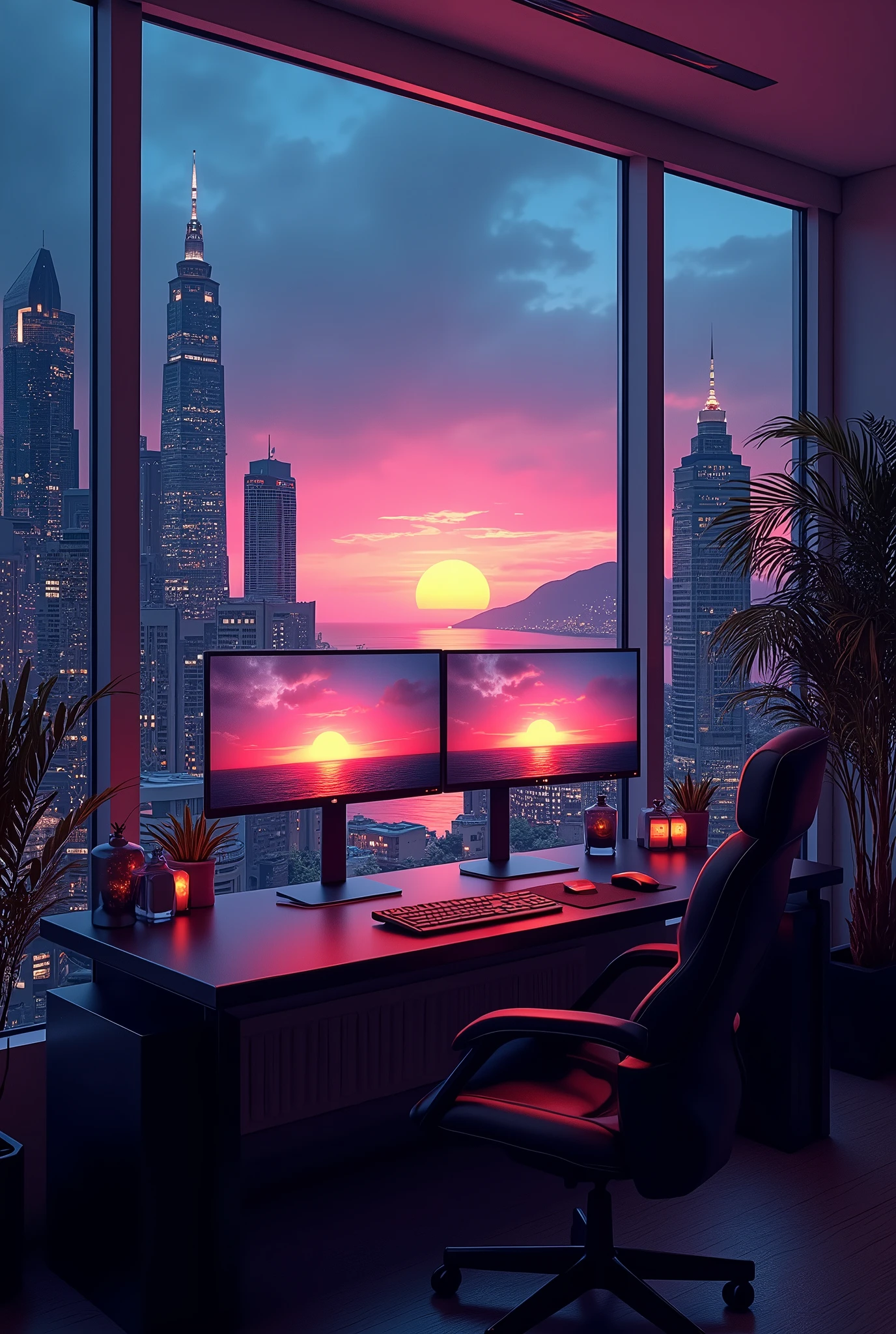 2 monitors、Sunset and sea view、White Screen、Large monitor、Room with a night view、skyscraper、Monitors are placed vertically、Stylish room、Black and blue dim room、Neon color、High resolution, Highest quality, masterpiece, Widescreen, detail, High detail, High-resolution model, clair obscur, Realism, Surrealism,