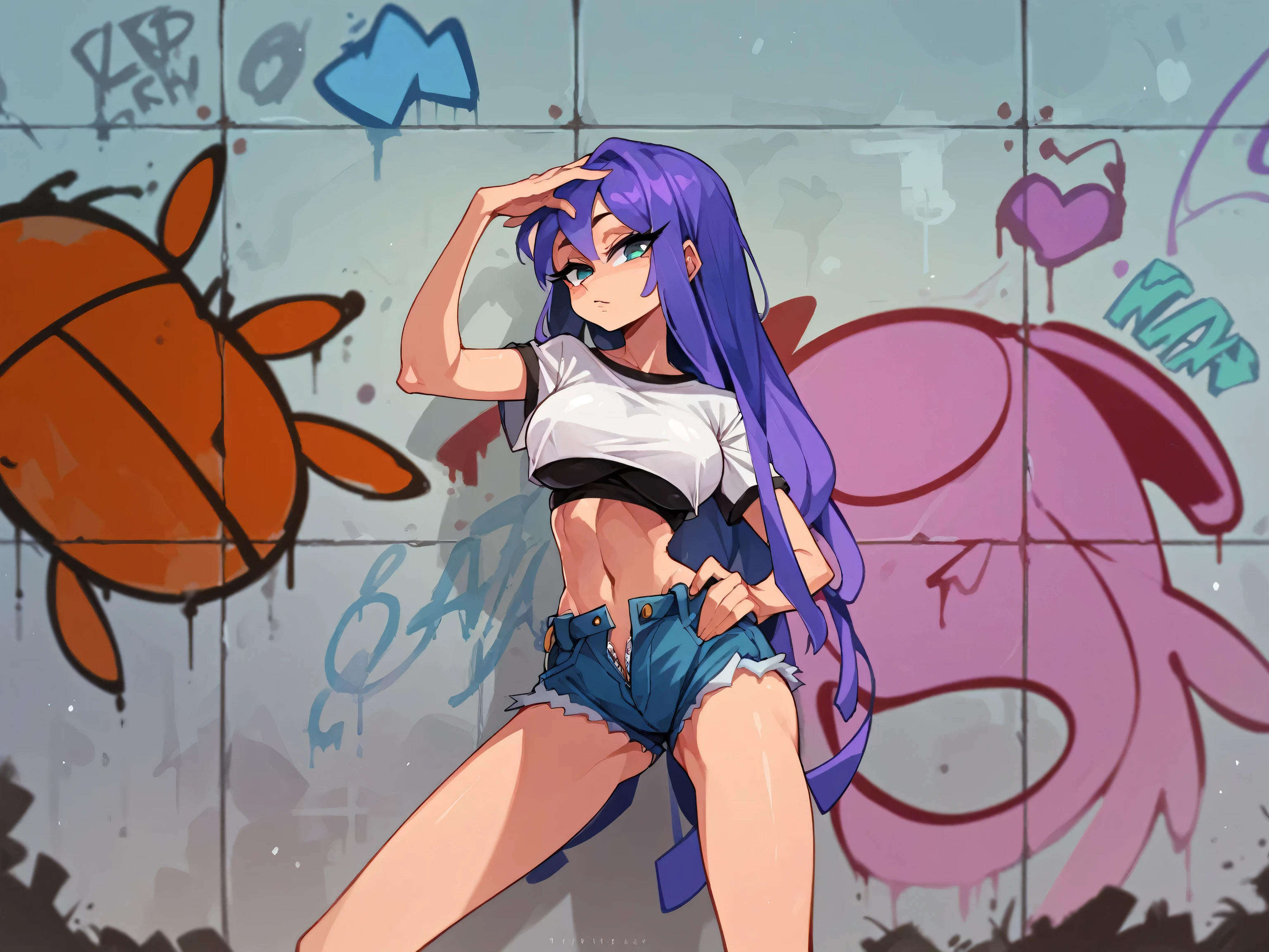 Masterpiece , Excellent quality , high resolution , 1 woman , Long Lilac Hair , horny , White crop top , Jean Shorts , unzipped , abdomen , big breasts , Long legs , hands on hips ,  Graffiti wall