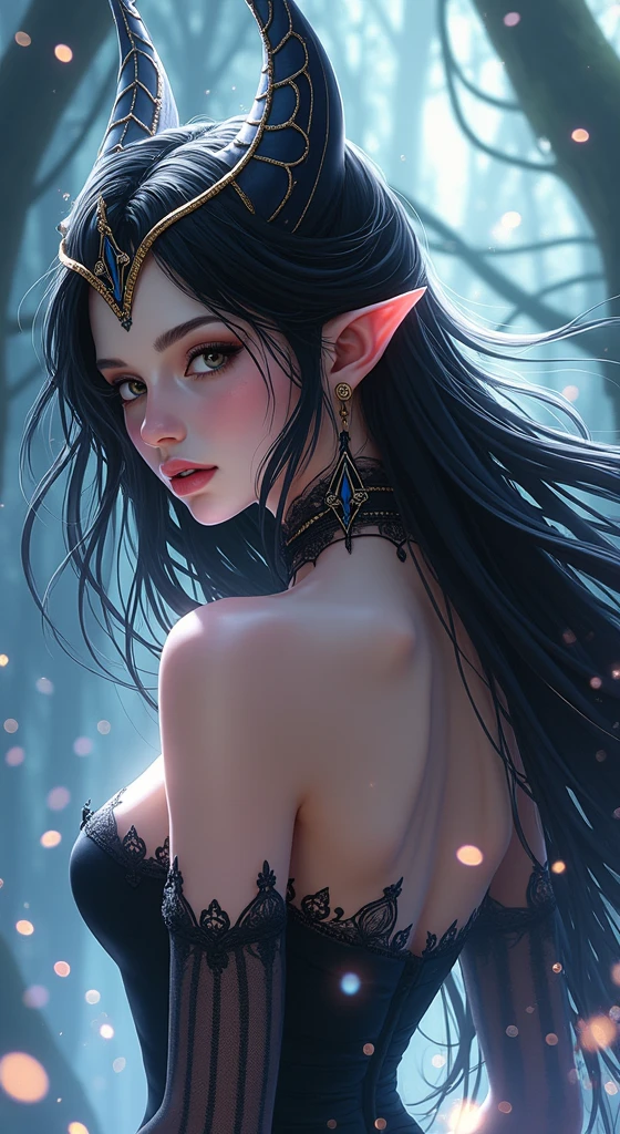 masterpiece, Best quality, 1 girl,photo, Studio photography, from the waist up, upper body, Shoulders back, long hair covers shoulders, headband with black roses and veil, tiara of bloodstones and rubies with black metal, pale-skinned woman with a seductive expression, iridescent skin, Succubus, Twisted Horns, on a throne of stone spikes in the underworld, underworld, afterlife, Surrounded by demons, dark atmosphere, purple lighting, light rays, skull, iridescent scepter, the evening Mediterranean light casts a warm glow on her porcelain skin., High-resolution image, digital painting, Spiritual peace, golden ratio composition, cowboy shot, brilliant, brilliant hair, (night:1.2),Dreamy, [[gentle fingers and hands:0.55]::0.85],(detailed fingers),),(emotional),(breathtaking),(main part:1.2) whole body.), (Anime Style), (Super Detailed), (brutal), (uhd, HDR), (8k), (High Resolution: 1.2), (Complex and Beautiful: 1.2),detailed eyes, detailed hands, detailed face, drops of water, drops, full body, elf woman
