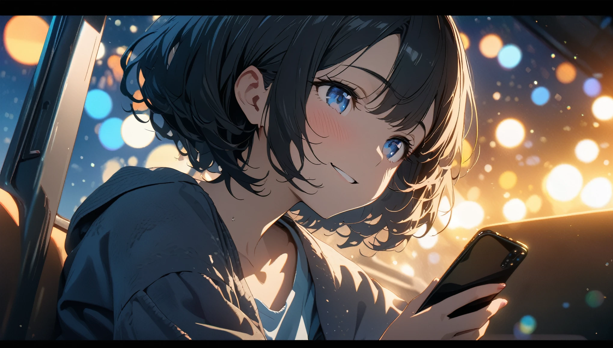 Anime girl looking at her cell phone in the dark - SeaArt AI
