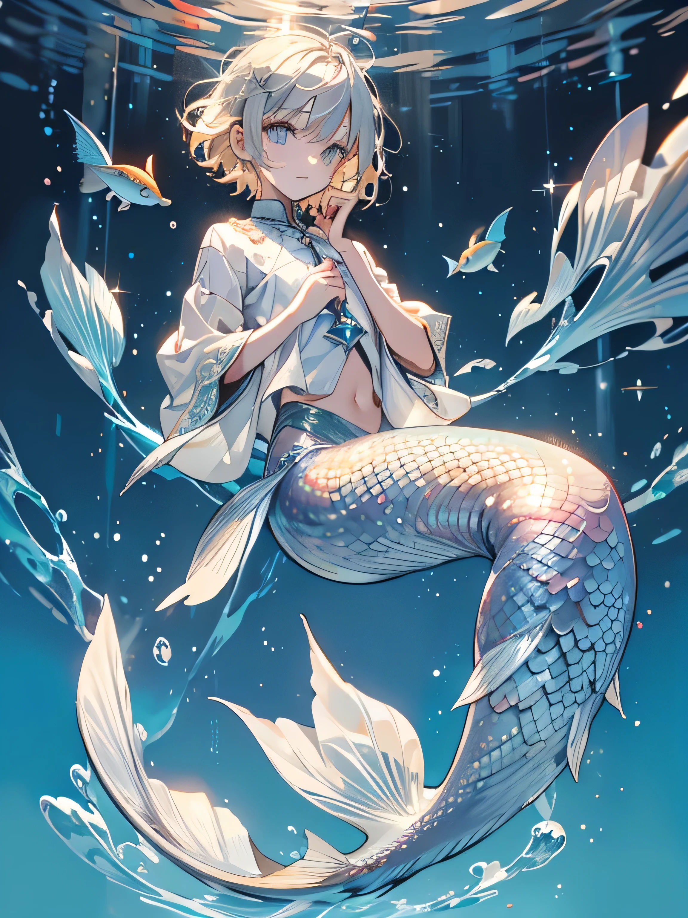 1 Boy, Short hairstyle, blond, silver eyes, Fish scales on hands, Mermaid, high quality