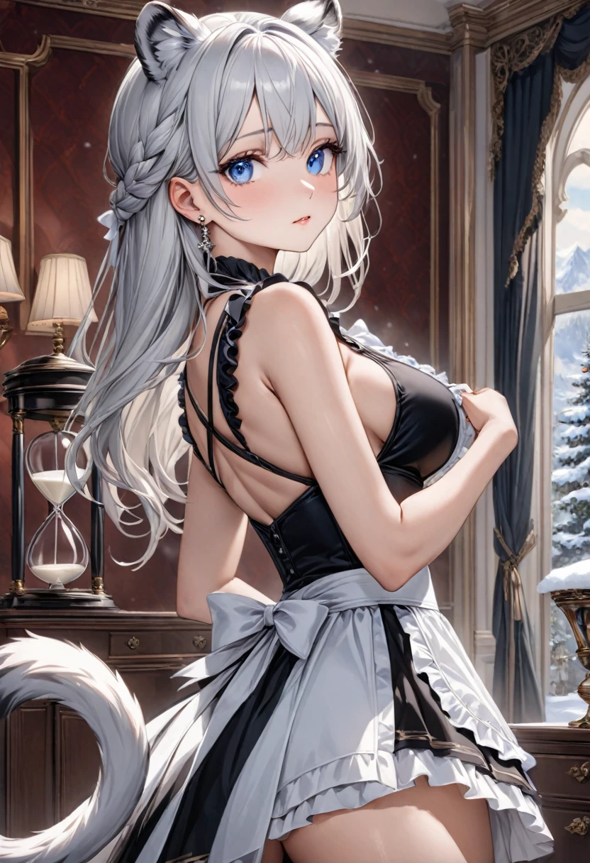 highest quality, ultra high resolution, super detailed, gorgeous, masterpiece, best quality, high resolution finely detailed, extremely beautiful, distinct image, hourglass figure, 1 girl, 2, (front-view), (side-view), soft and beautiful facial features, symmetrical face, simple sleeveless black frilly dress that clings tightly to her body, white waist apron, piercing blue eyes, innocent doe shaped eyes, well endowed E-cup breasts, tall height(190cm), slim and slender curvy body, athletic and flexible physiques, flowing snow-white hair, narrow waist, long legs, opulent bedroom background, snow-white skin, hip-level shot, snow-white feline tiger ears, white striped tiger tail protruding out her back, front-view,