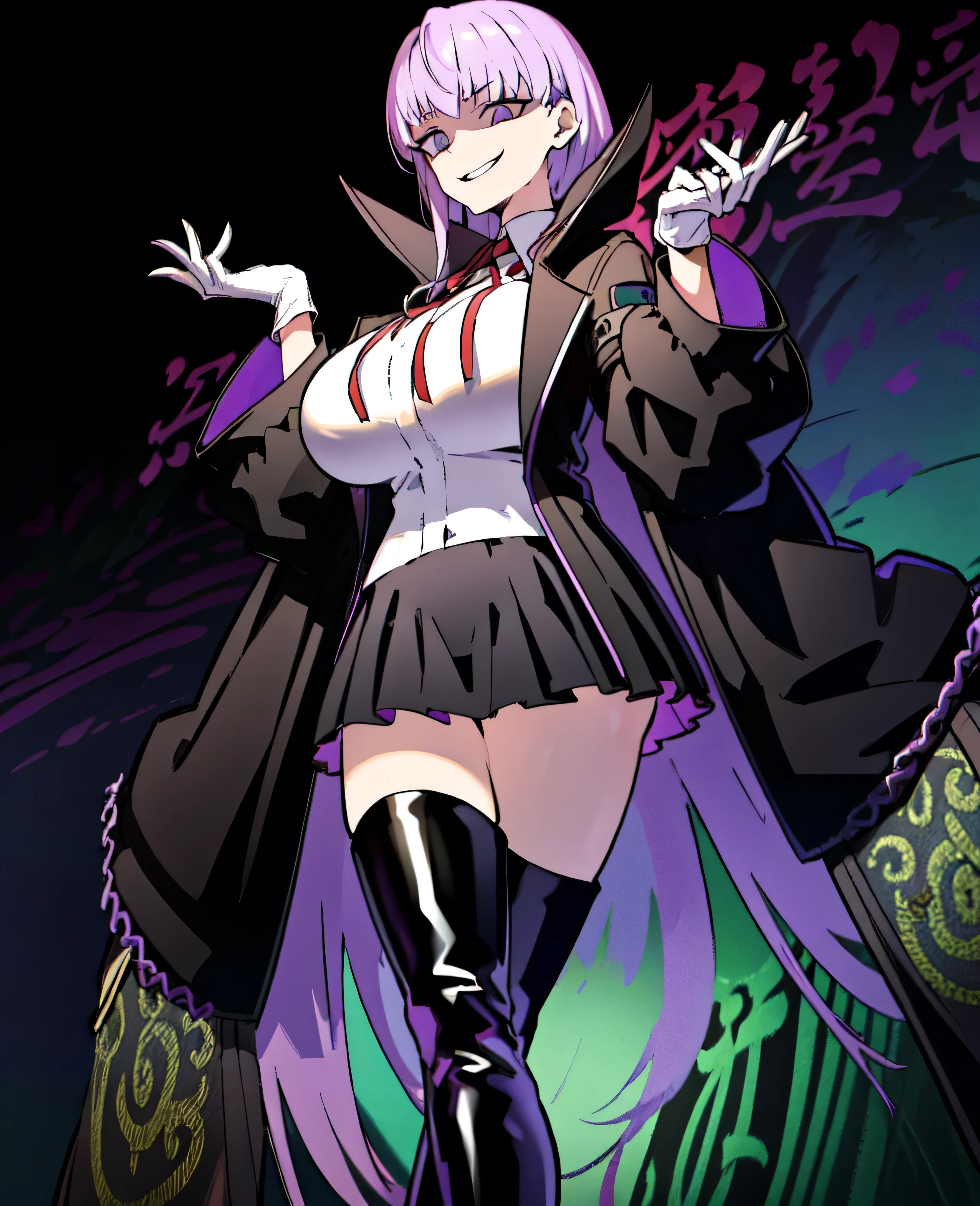 Isoscale, Mid Shot, night, ,,, Purple Hair, Black jacket, White shirt, Black Skirt, Red ribbon, Big Breasts, Purple eyes, White gloves, Long Hair, Large collar, Wicked Smile,,shiny thigh high boots,(Wicked Smile:1.3),Highly detailed CG Unity 8k wallpaper, Perfect lighting,,Looking down at the viewer,,Anxious smile,Black and purple world background,Dark shadowed face(Eyes in the shadows),solo,Yandere,latex,masterpiece, Highest quality, High resolution, One person,View your viewers,look down,Release black darkness from your hands,Embodiment of evil,two hands,Two legs,five fingers,