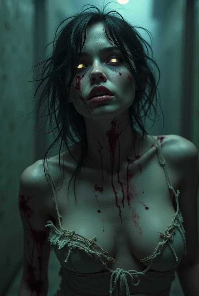 Cinematic Gleam 1 Enigmatic Presence, Masterpiece, Best Quality, Official Art, NSFW, Highly Detailed CG Unity 8k Wallpaper, Menacing Glare, Possessed Puppet, sexy biopunk zombie, Decrepit Psychiatric Ward, Ominous Obscure Aura, Bloodstained Palette, Frayed Garments, ((Horror Vibes))