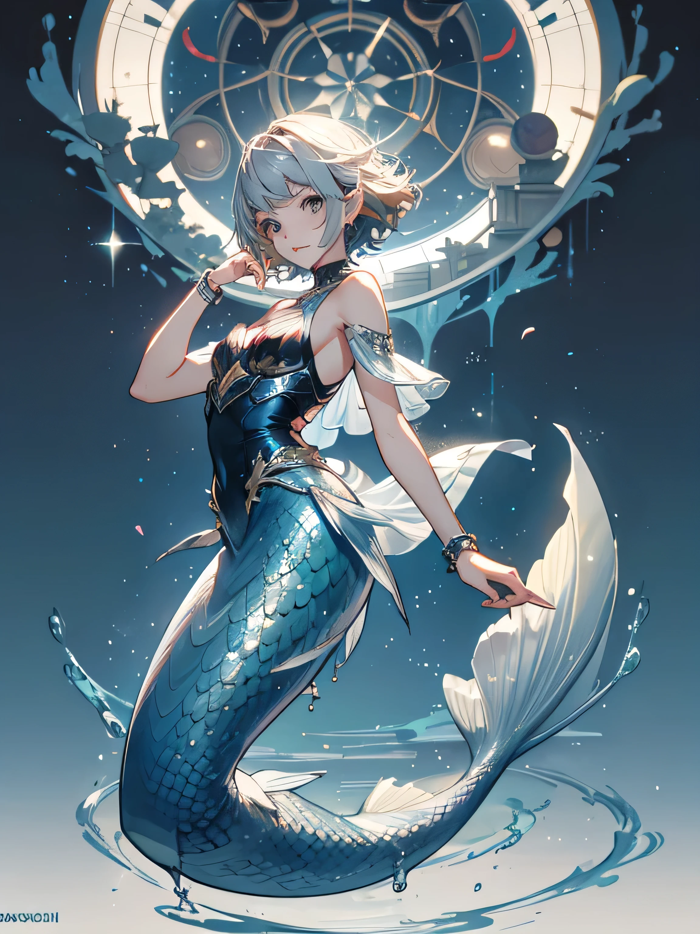 1 Boy, Short hairstyle, blond, silver eyes, Fish scales on hands, Mermaid, high quality