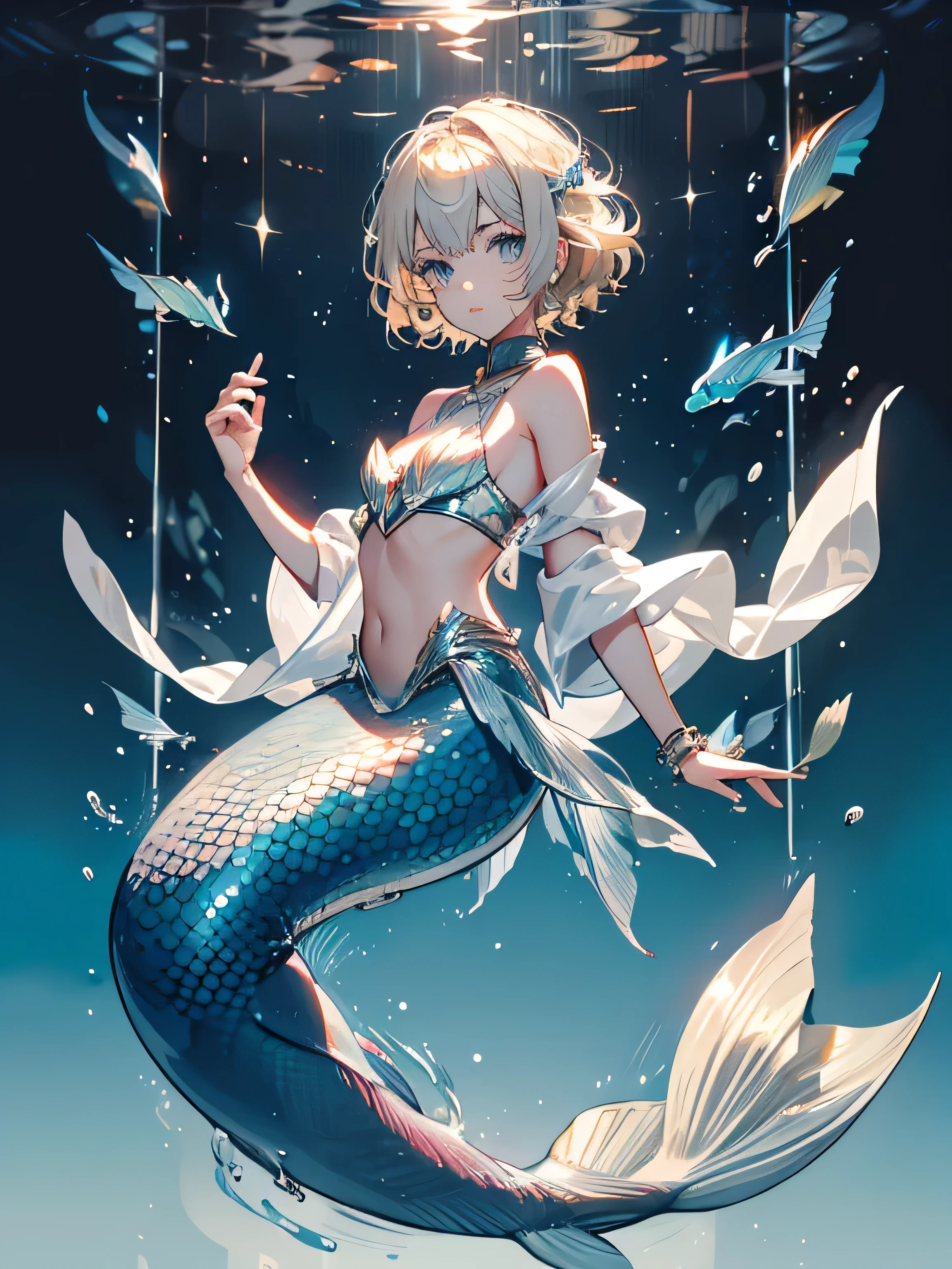 1 Boy, Short hairstyle, blond, silver eyes, Fish scales on hands, Mermaid, high quality