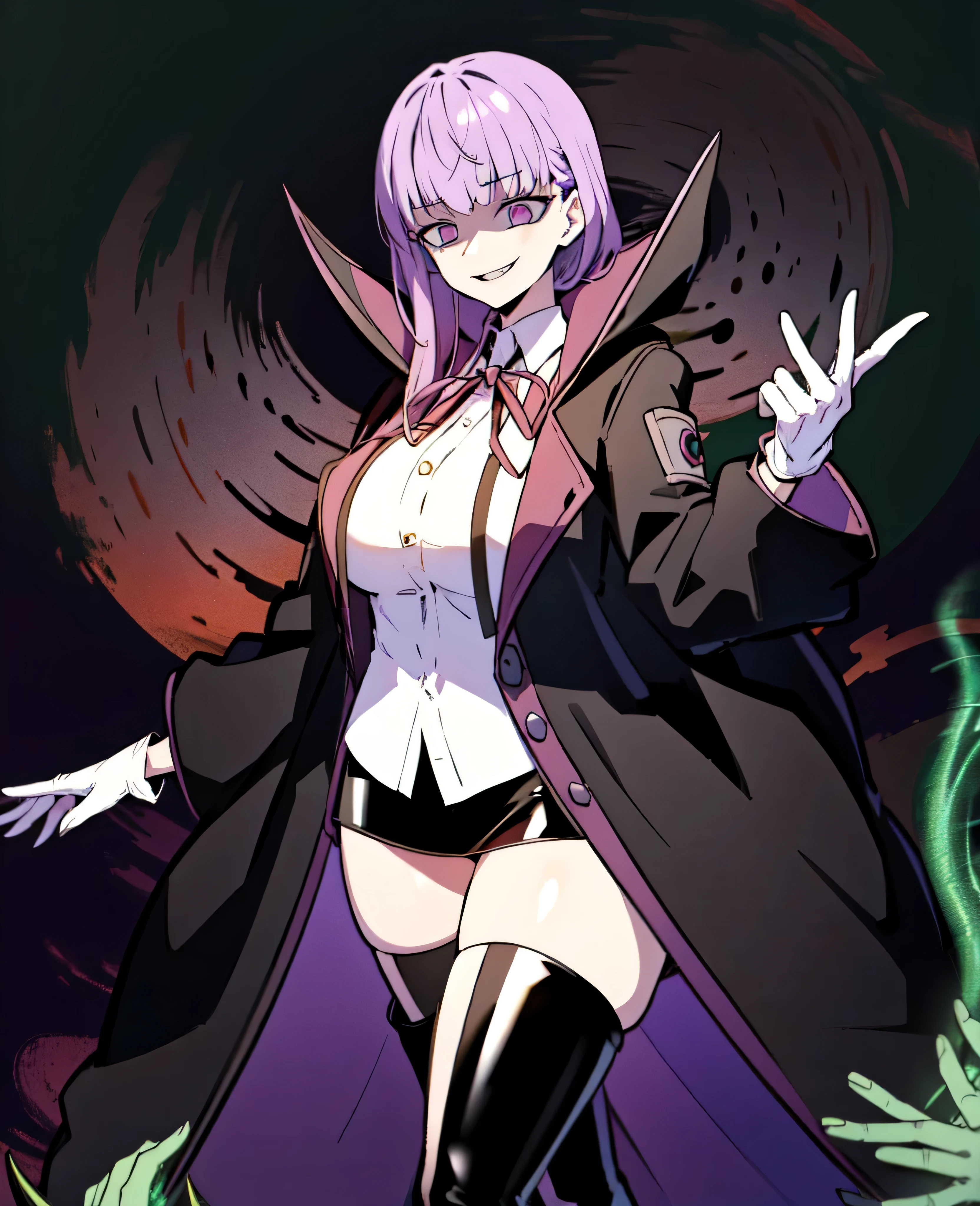 Isoscale, Mid Shot, night, ,,, Purple Hair, Black jacket, White shirt, Black Skirt, Red ribbon, Big Breasts, Purple eyes, White gloves, Long Hair, Large collar, Wicked Smile,,shiny thigh high boots,(Wicked Smile:1.3),Highly detailed CG Unity 8k wallpaper, Perfect lighting,,Looking down at the viewer,,Anxious smile,Black and purple world background,Dark shadowed face(Eyes in the shadows),solo,Yandere,latex,masterpiece, Highest quality, High resolution, One person,View your viewers,look down,Release black darkness from your hands,Embodiment of evil,two hands,Two legs,five fingers,