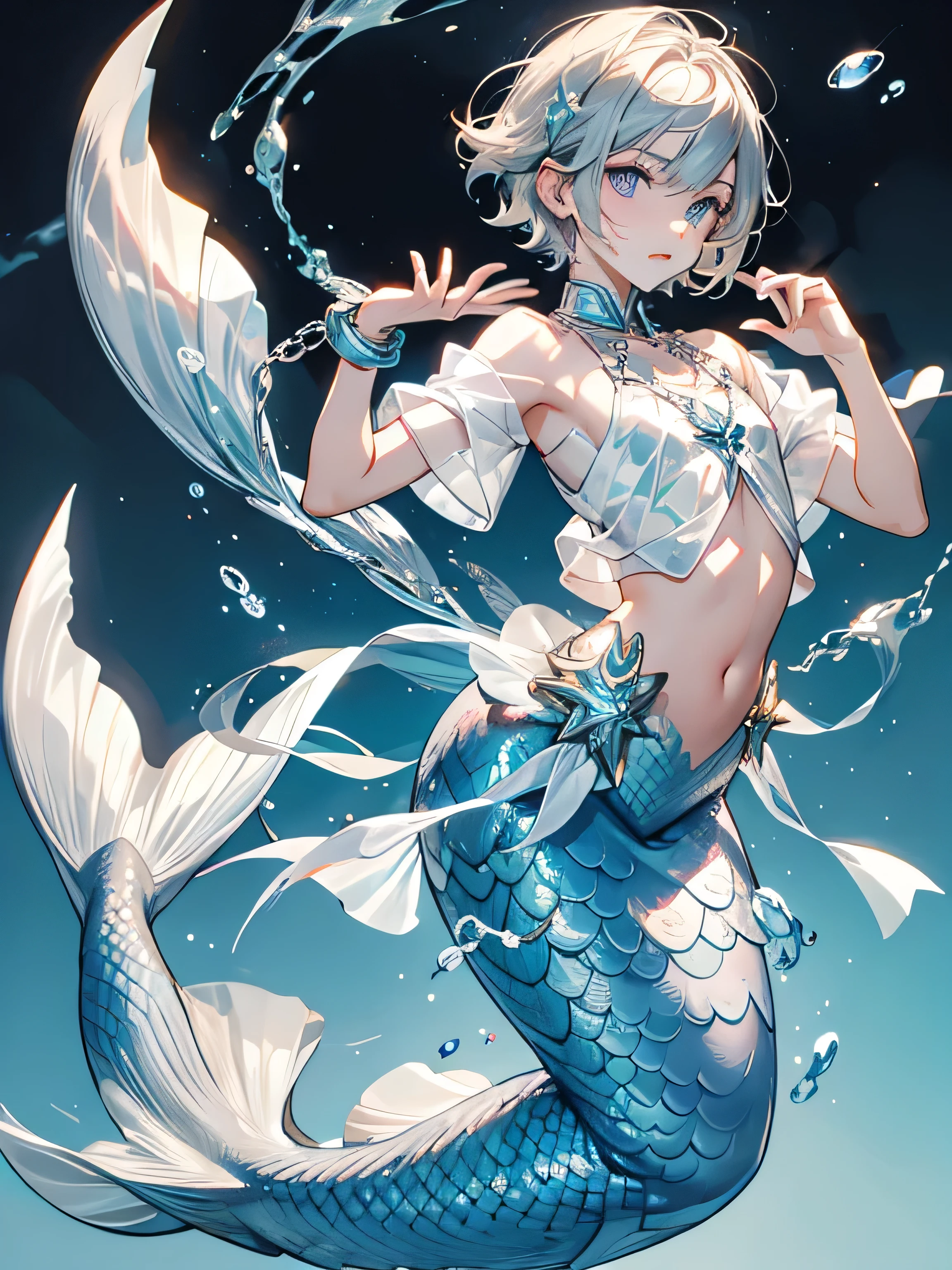 1 Boy, Short hairstyle, blond, silver eyes, Fish scales on hands, Mermaid, high quality